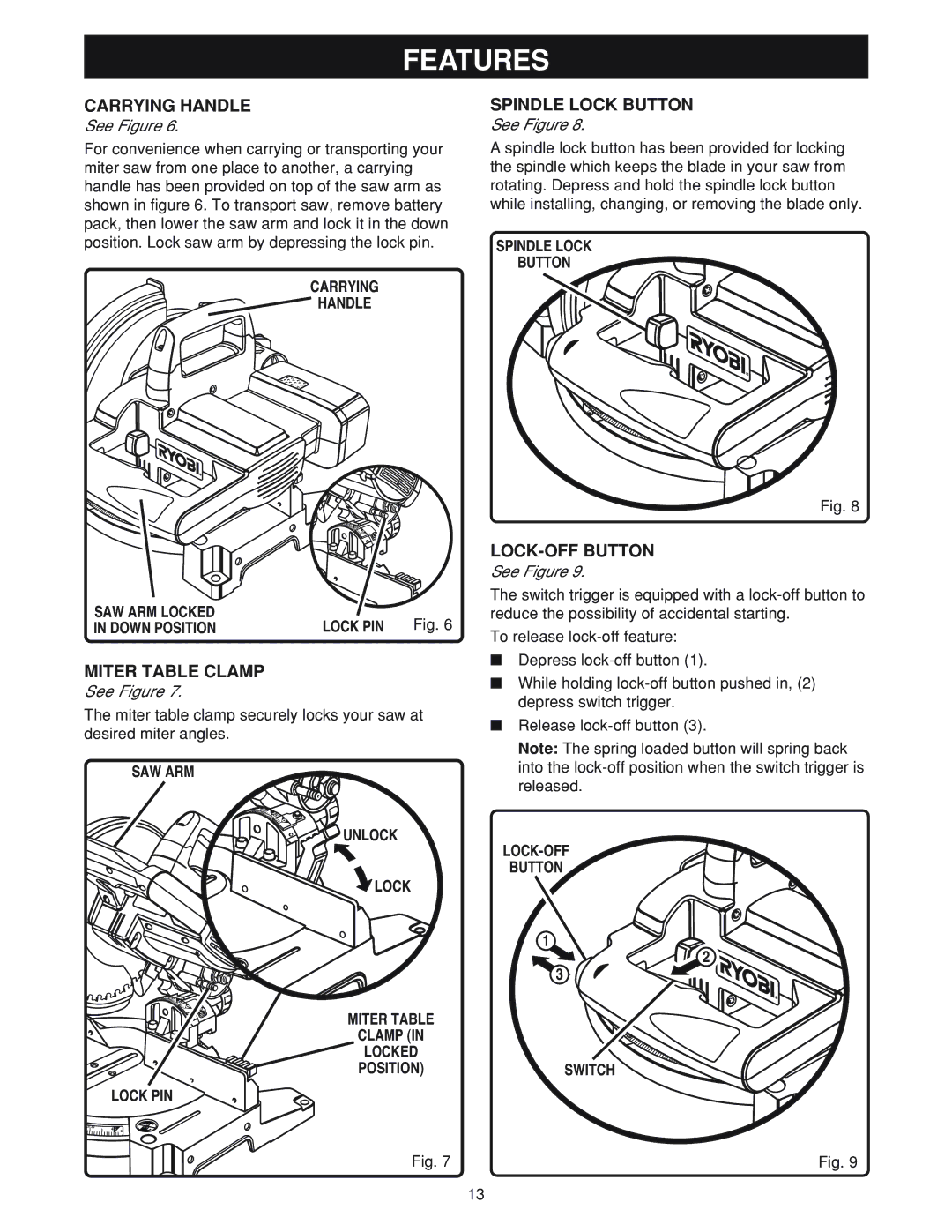 Ryobi MS180 warranty Features, Carrying Handle, Miter Table Clamp, Spindle Lock Button, LOCK-OFF Button 