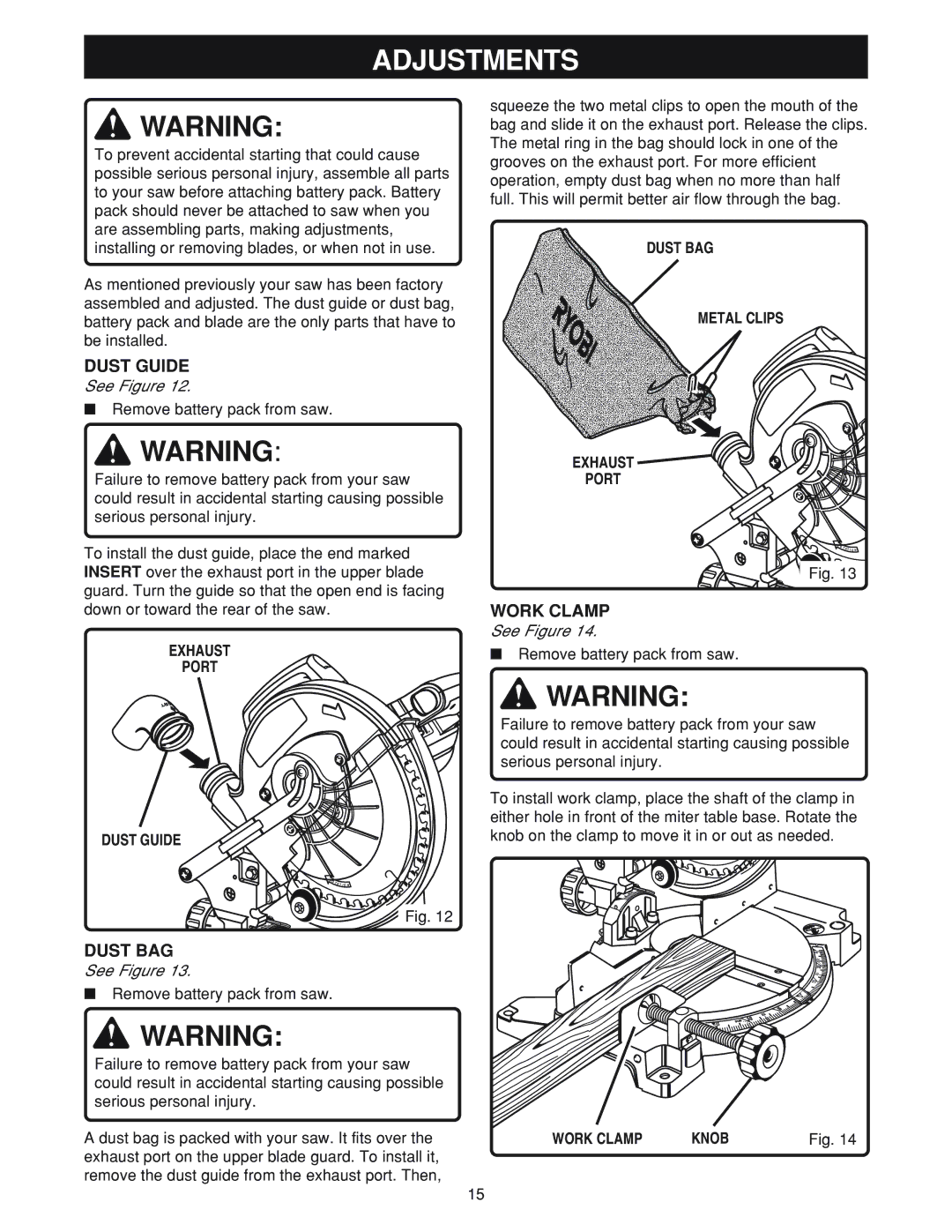 Ryobi MS180 warranty Adjustments, Dust Guide, Work Clamp, Dust BAG 