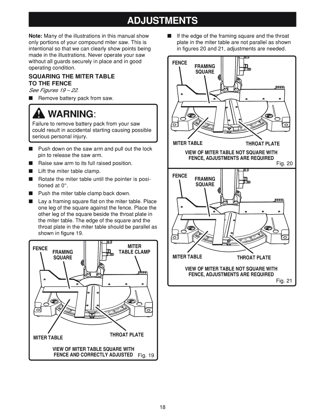 Ryobi MS180 warranty Squaring the Miter Table To the Fence, Fence Framing Square, Square Miter Table 