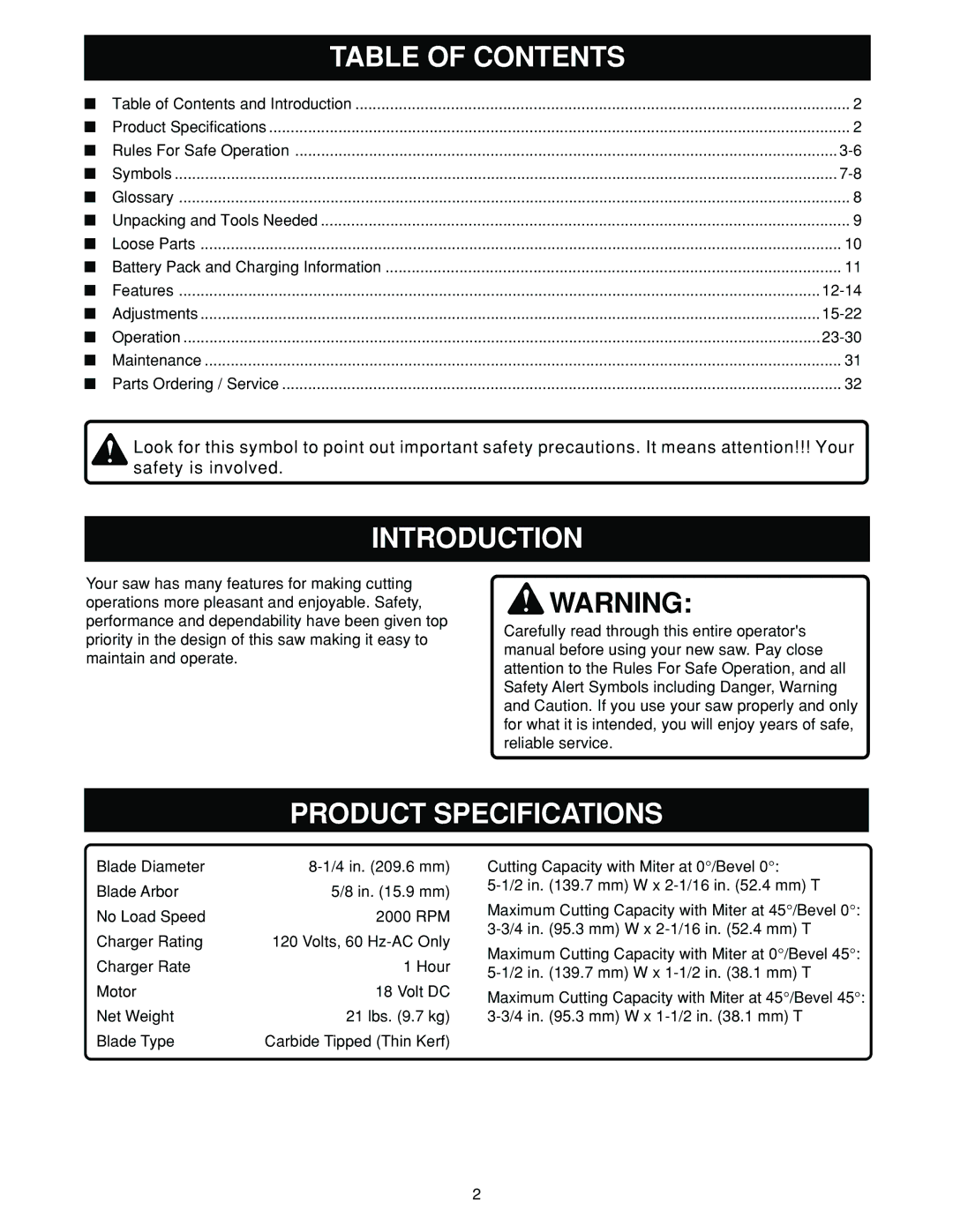 Ryobi MS180 warranty Table of Contents, Introduction, Product Specifications 