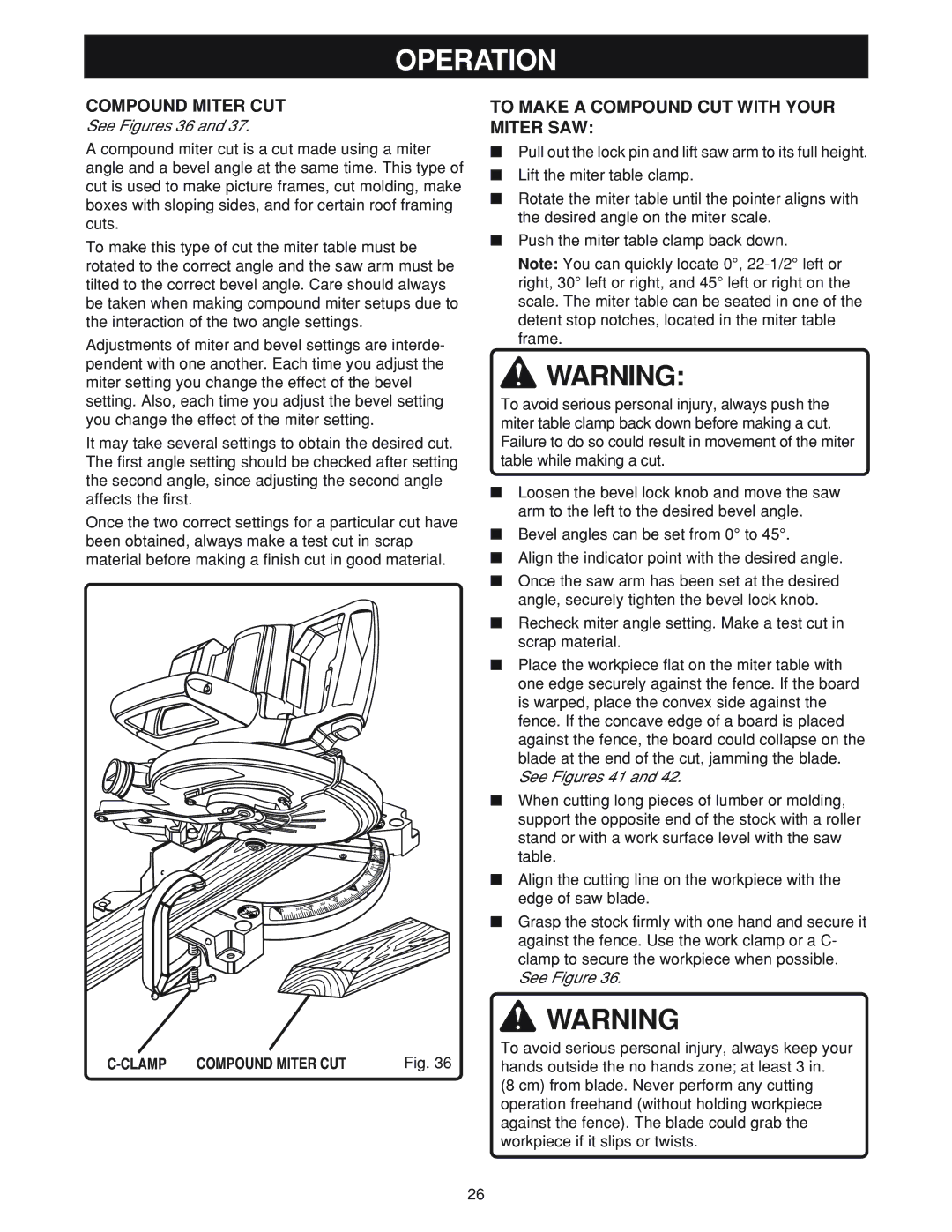 Ryobi MS180 warranty To Make a Compound CUT with Your Miter SAW, See Figures 36, Clamp Compound Miter CUT 