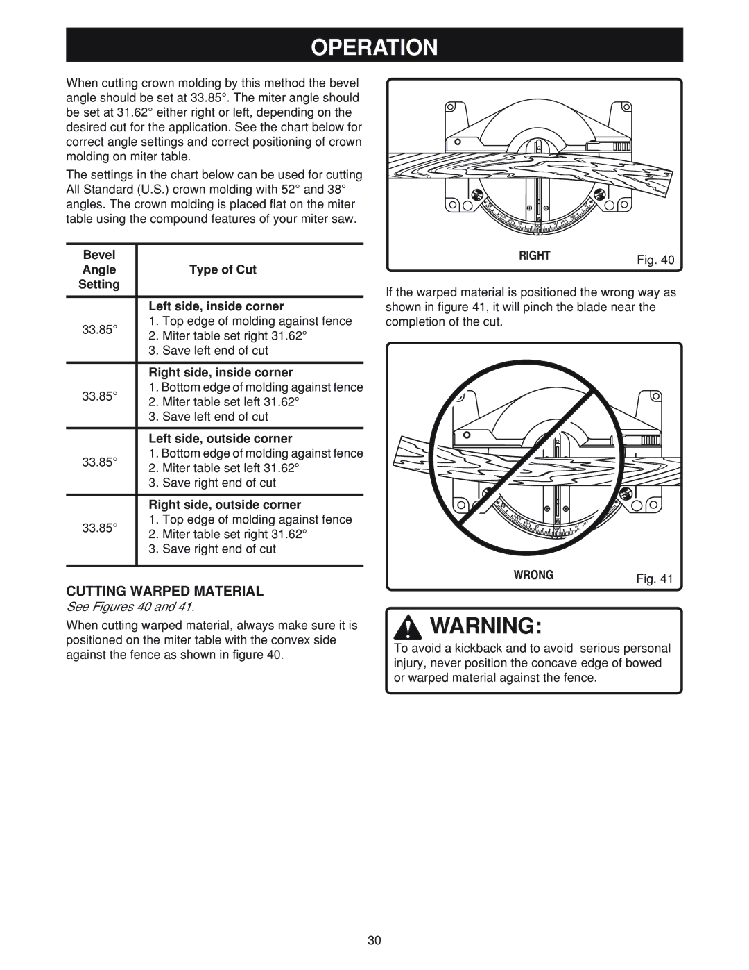 Ryobi MS180 warranty Cutting Warped Material, See Figures 40, Right, Wrong 