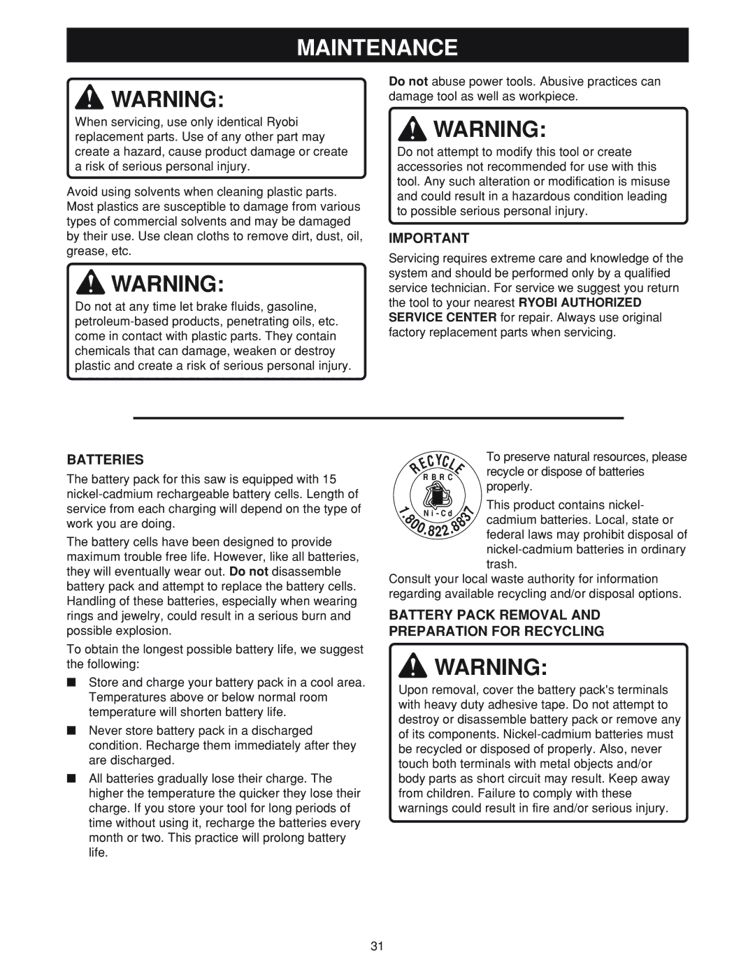 Ryobi MS180 warranty Maintenance, Batteries, Battery Pack Removal Preparation for Recycling 