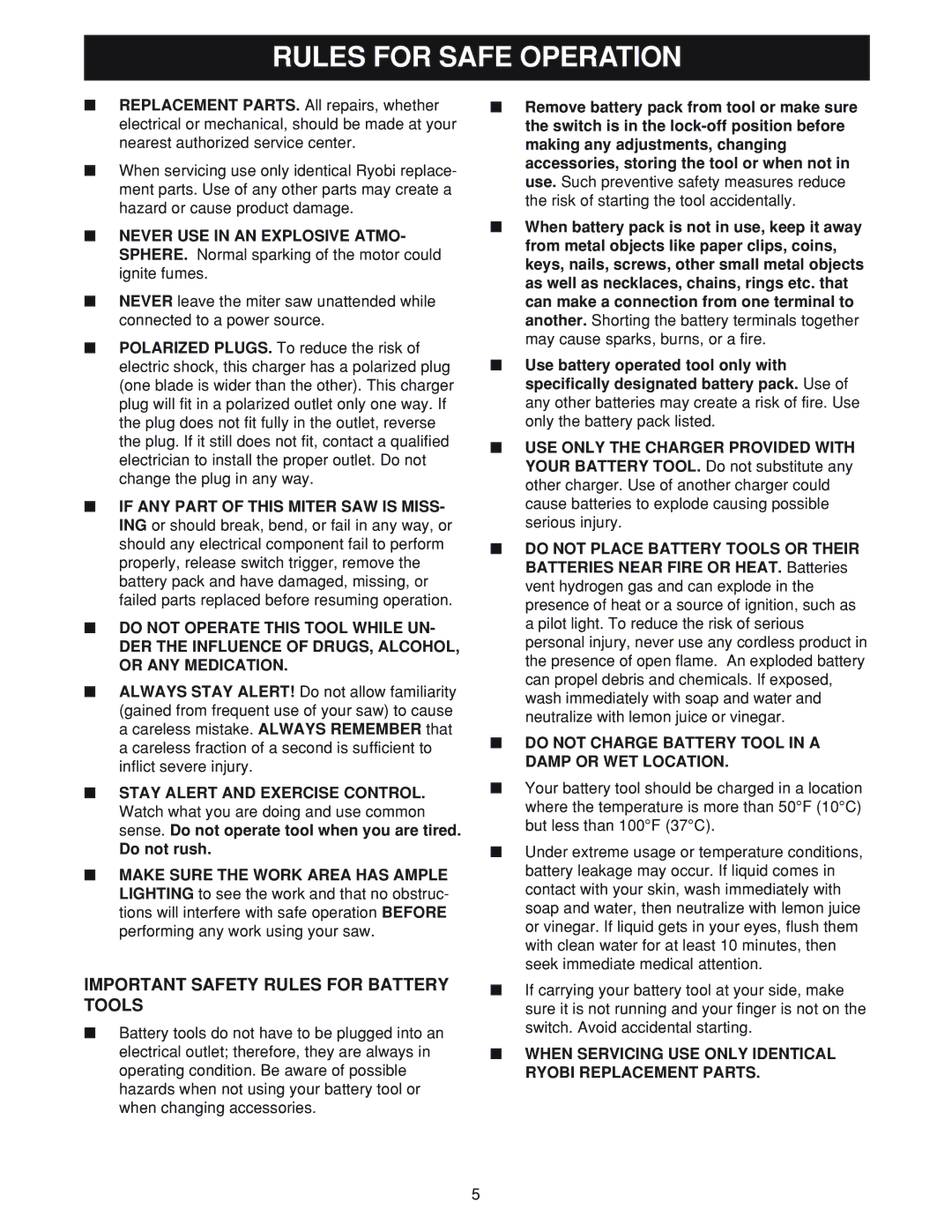 Ryobi MS180 warranty Important Safety Rules for Battery Tools, Do not Charge Battery Tool in a Damp or WET Location 