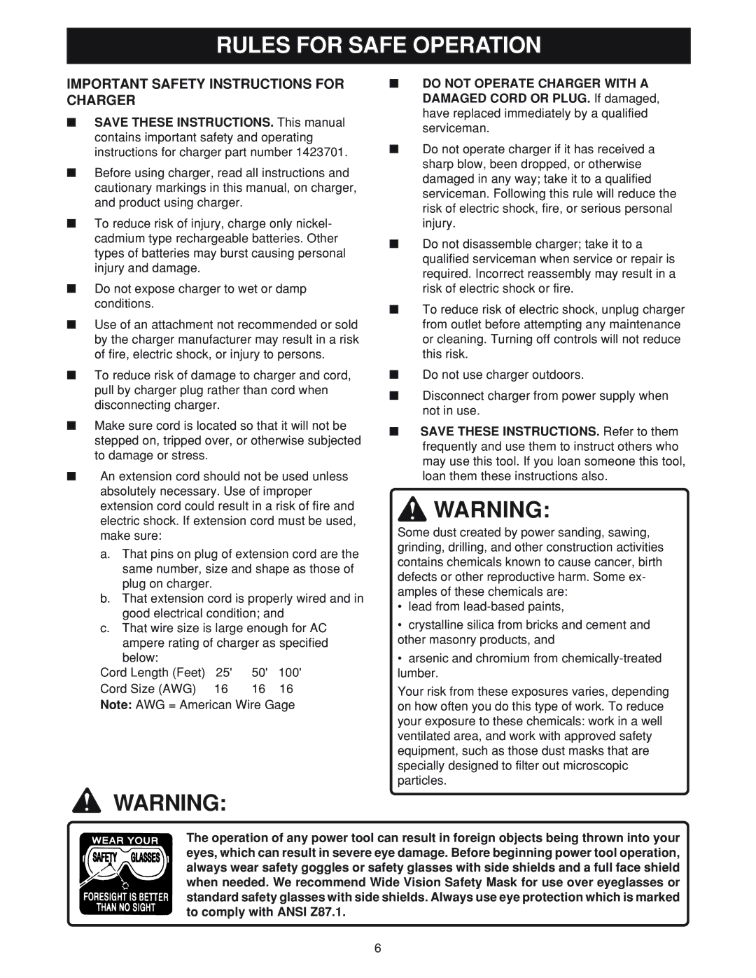 Ryobi MS180 warranty Important Safety Instructions for Charger 