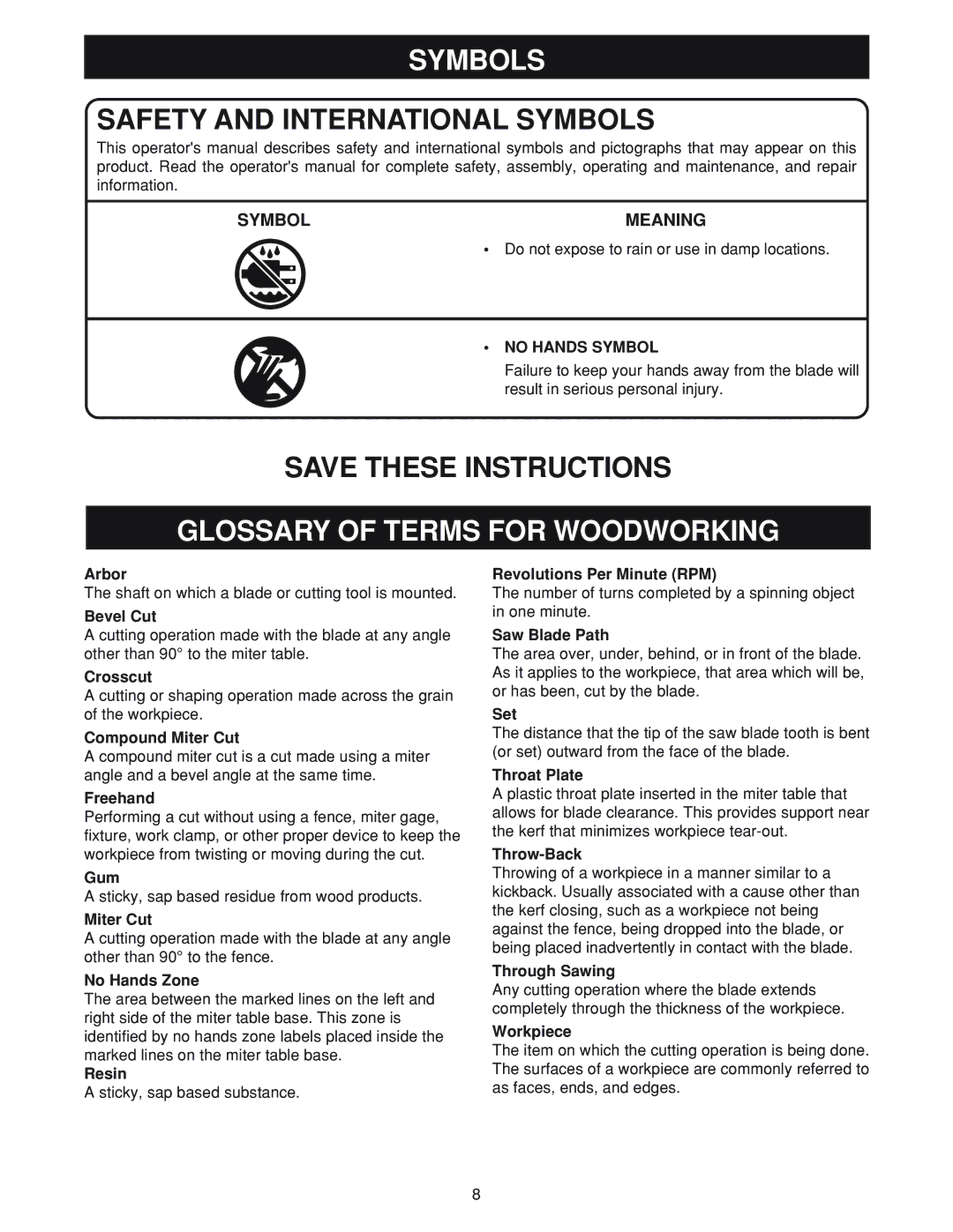 Ryobi MS180 warranty Glossary of Terms for Woodworking, Symbol Meaning, No Hands Symbol 