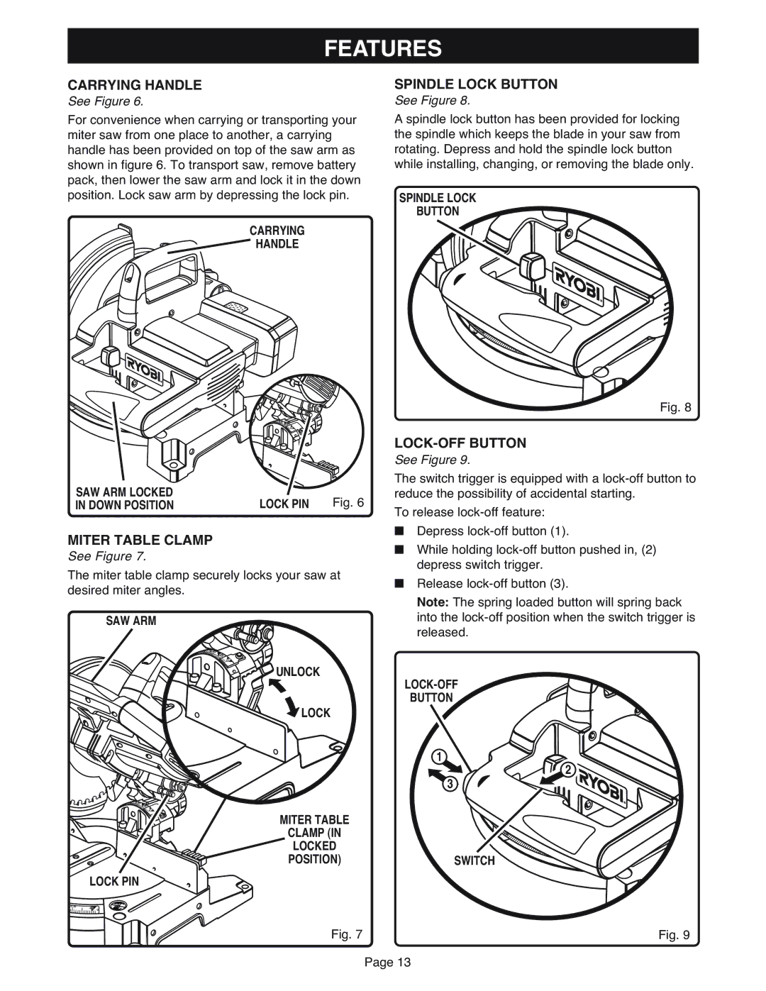 Ryobi MS181 warranty Features, Carrying Handle, Miter Table Clamp, Spindle Lock Button, LOCK-OFF Button 