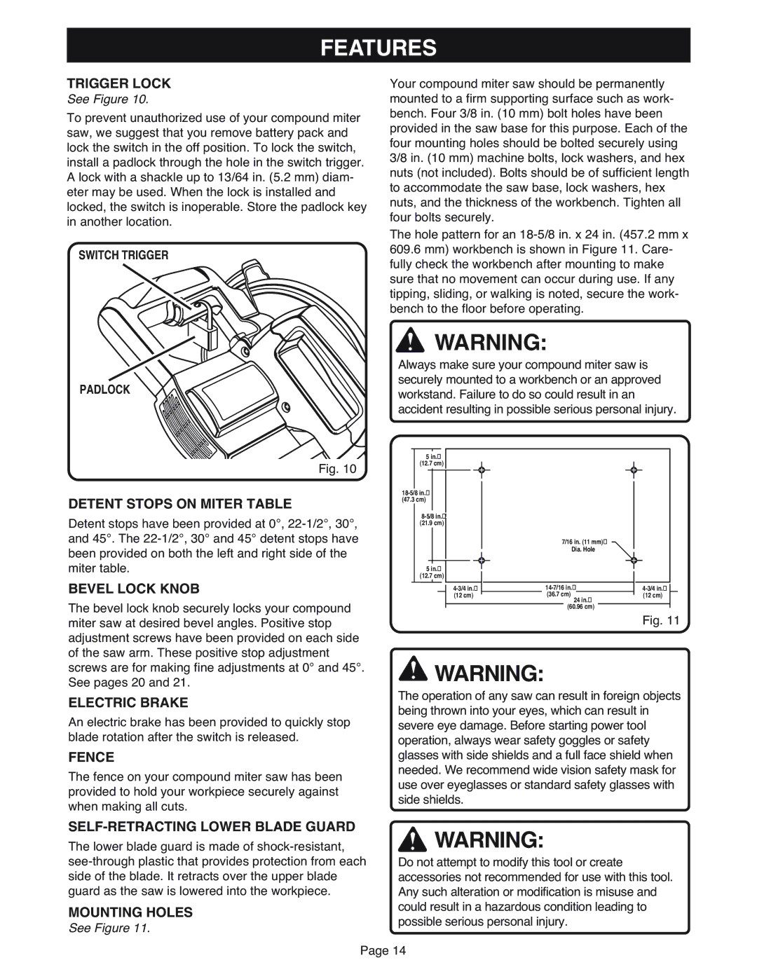 Ryobi MS181 warranty Trigger Lock, Detent Stops on Miter Table, Bevel Lock Knob, Electric Brake, Fence, Mounting Holes 