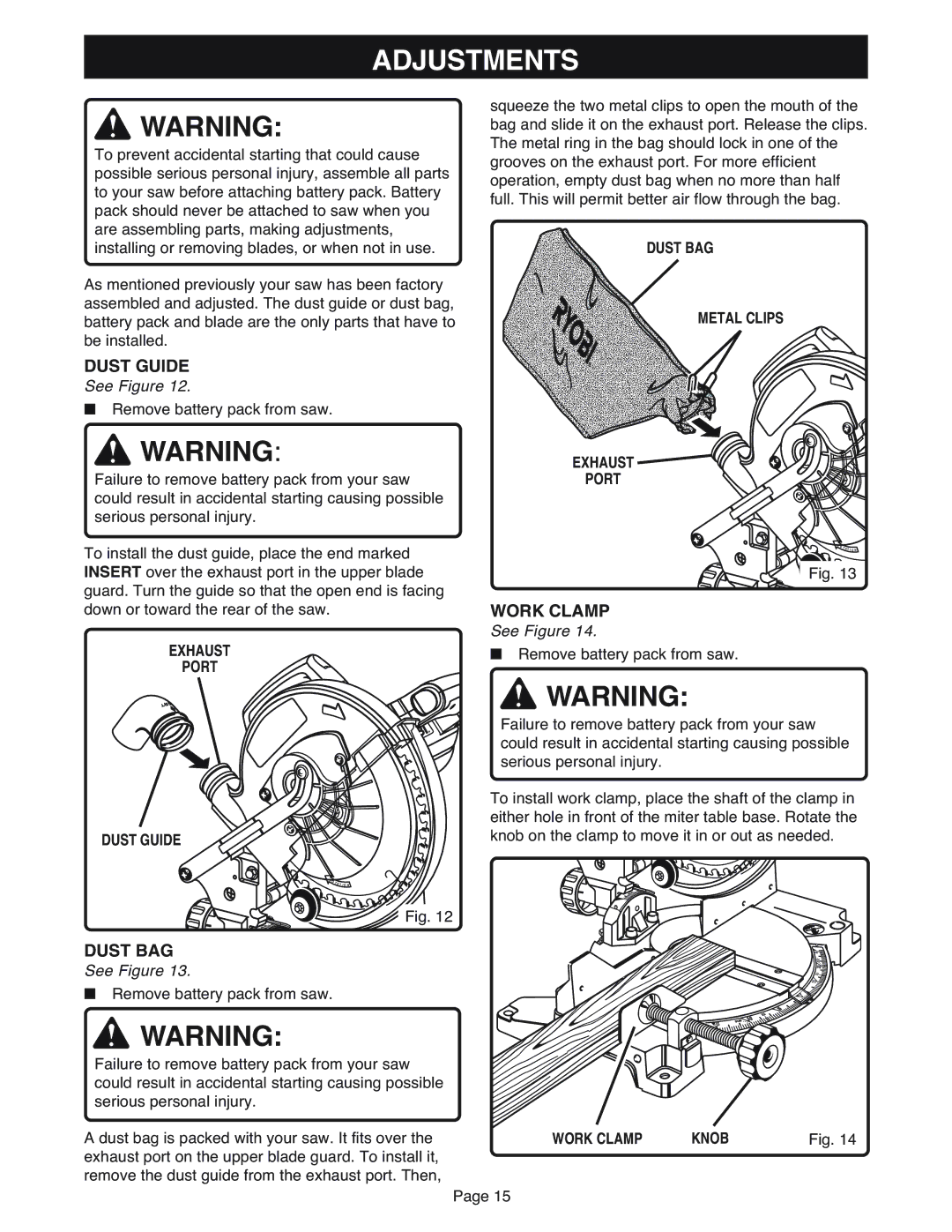 Ryobi MS181 warranty Adjustments, Dust Guide, Work Clamp, Dust BAG 