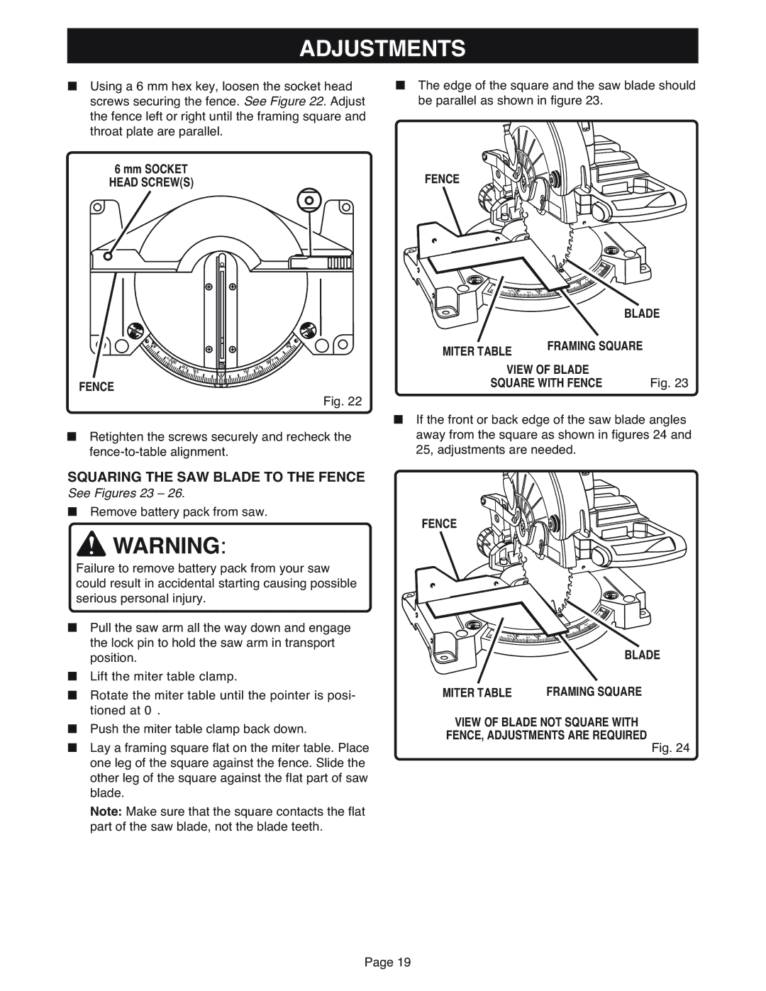 Ryobi MS181 warranty Squaring the SAW Blade to the Fence, Head Screws, See Figures 23, Square with Fence, Blade Miter Table 