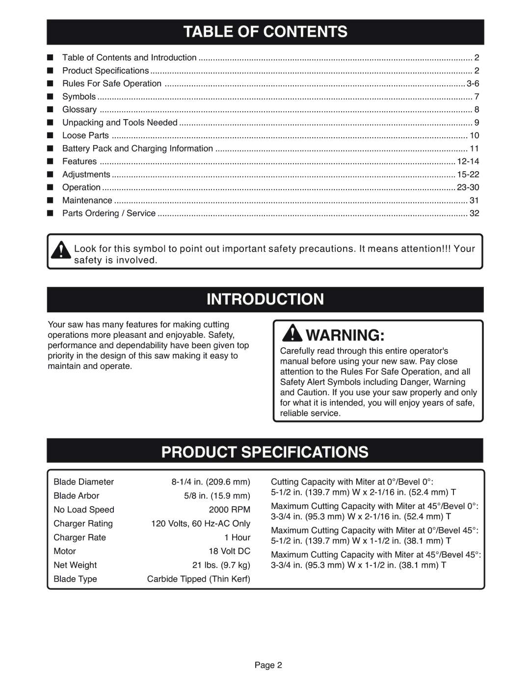 Ryobi MS181 warranty Table of Contents, Introduction, Product Specifications 