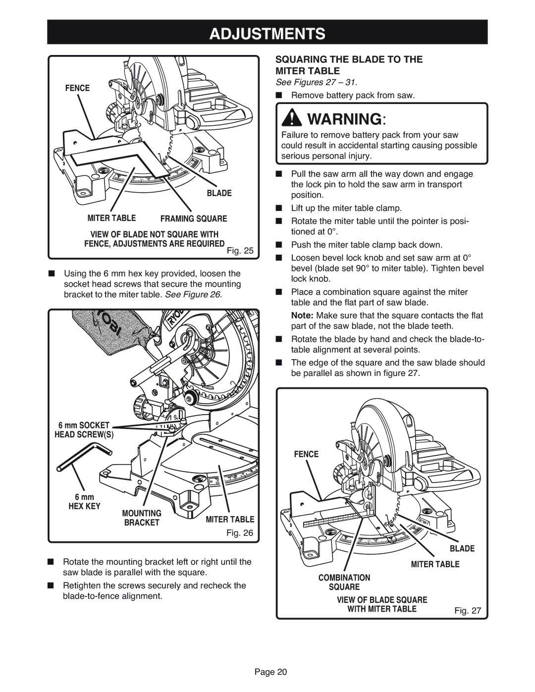 Ryobi MS181 warranty Squaring the Blade to Miter Table, See Figures 27, Fence HEX KEY Mounting Bracket 