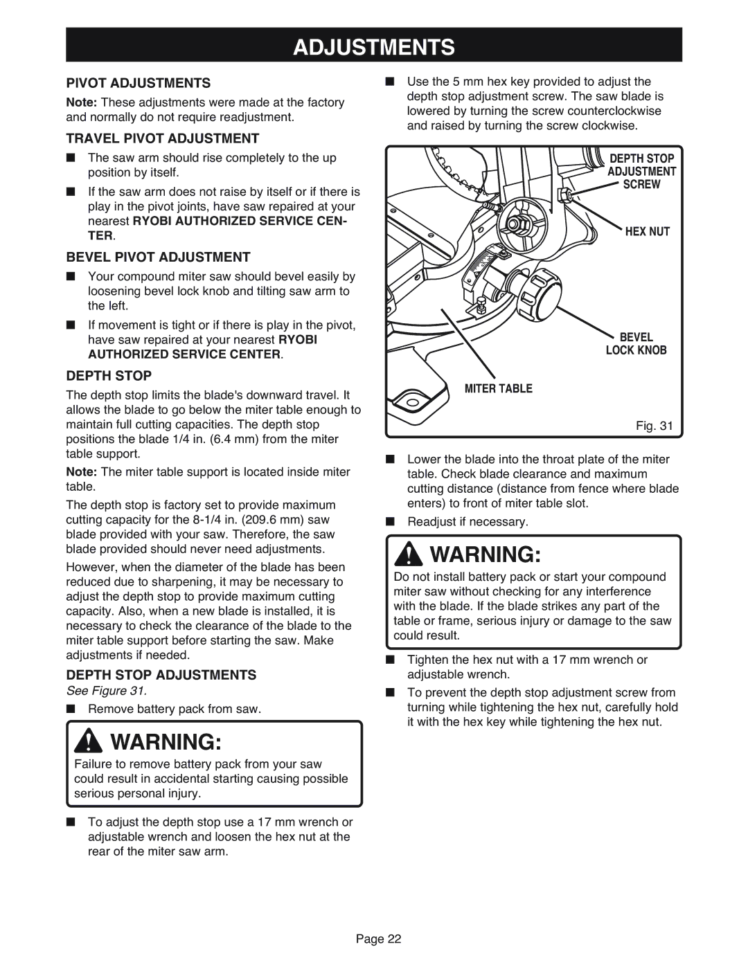 Ryobi MS181 warranty Pivot Adjustments Travel Pivot Adjustment, Bevel Pivot Adjustment, Depth Stop Adjustments 