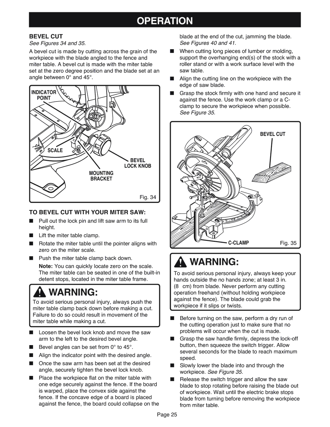 Ryobi MS181 To Bevel CUT with Your Miter SAW, See Figures 34, Indicator Point Scale Bevel Lock Knob Mounting Bracket 