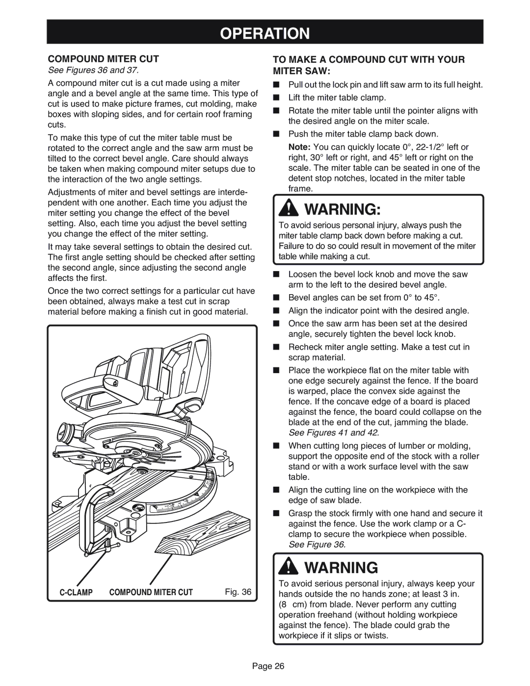 Ryobi MS181 warranty To Make a Compound CUT with Your Miter SAW, See Figures 36, Clamp Compound Miter CUT 