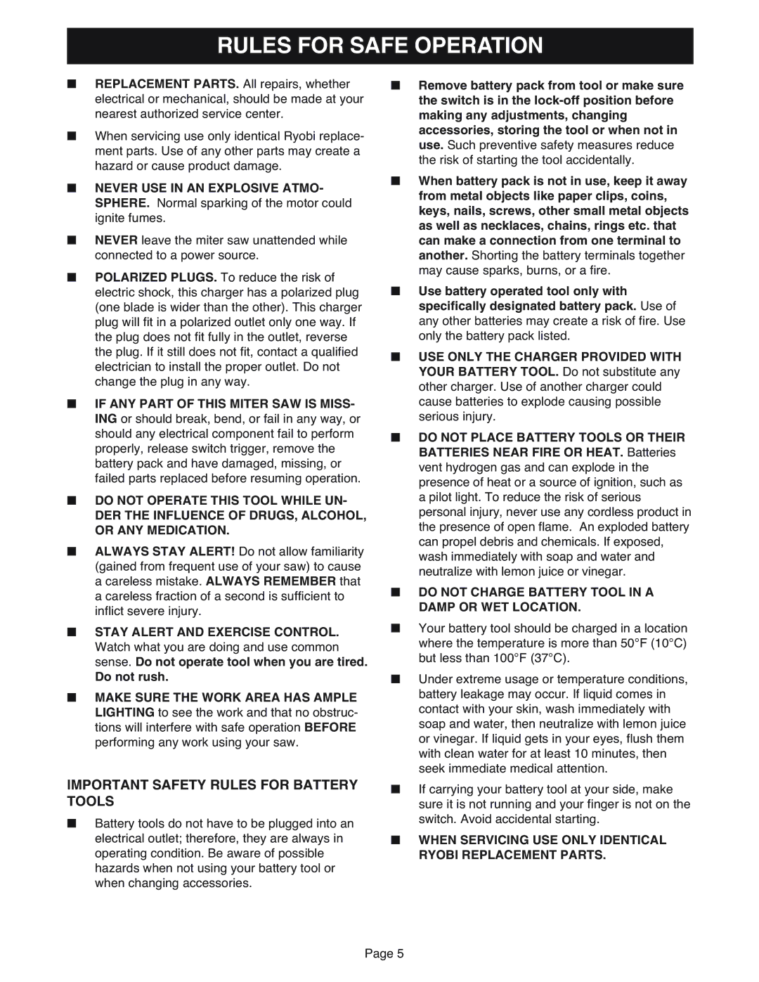 Ryobi MS181 warranty Important Safety Rules for Battery Tools, Do not Charge Battery Tool in a Damp or WET Location 