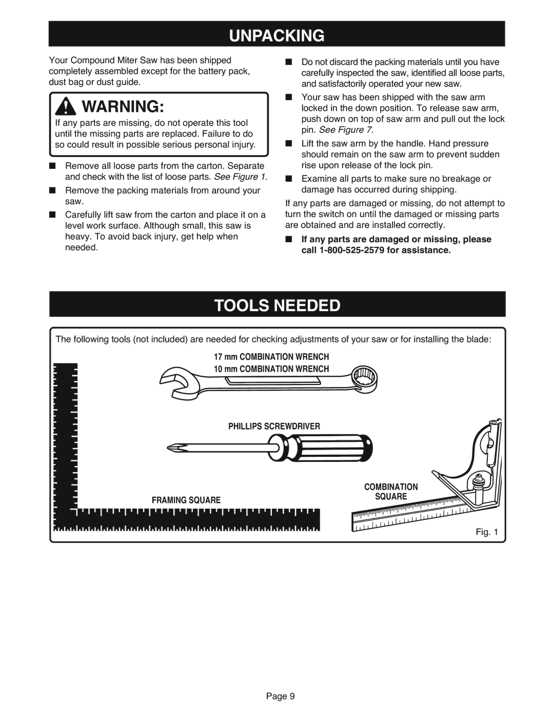 Ryobi MS181 warranty Unpacking, Tools Needed, Phillips Screwdriver, Framing Square 