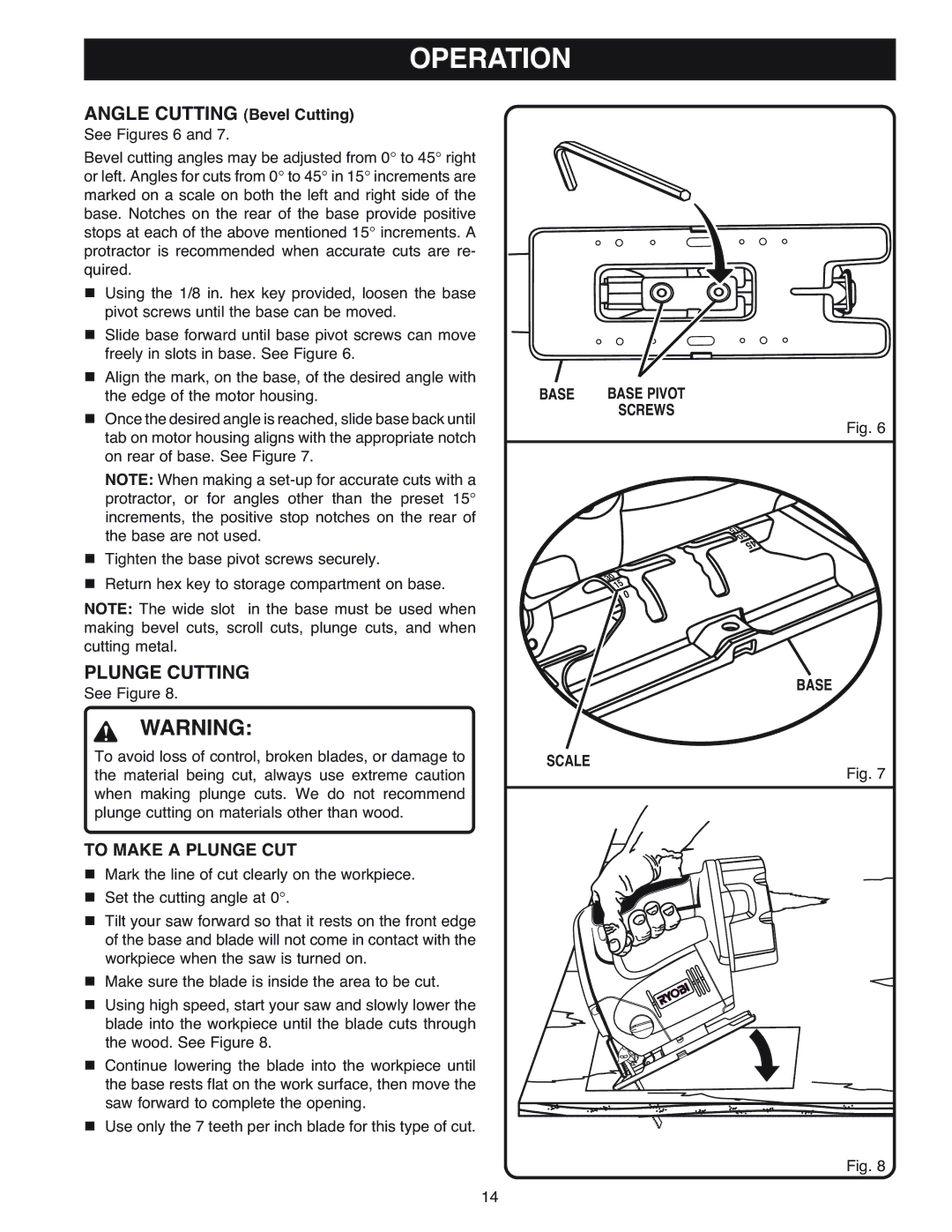 Ryobi OJ1802 manual Plunge Cutting, Angle Cutting Bevel Cutting 