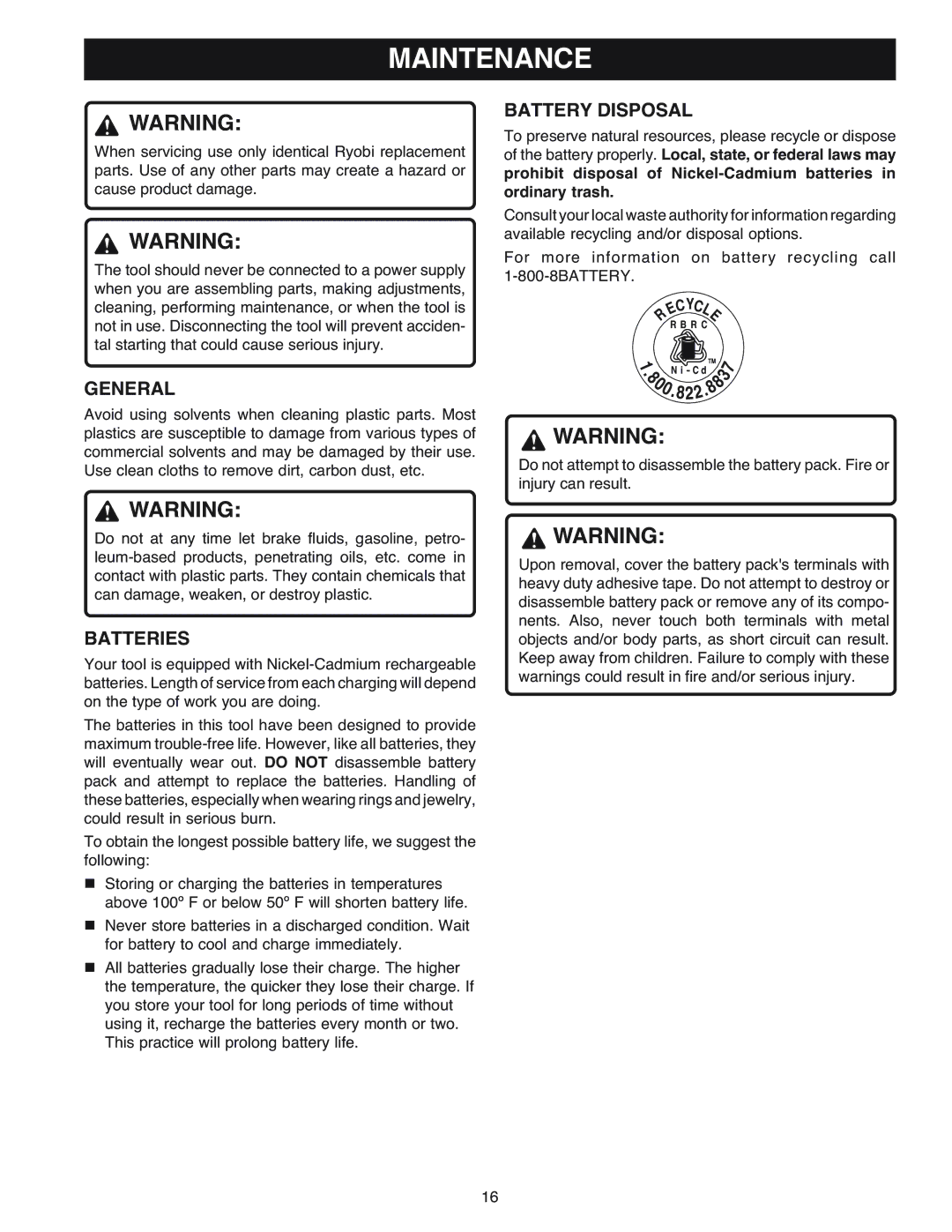 Ryobi OJ1802 manual Maintenance, General, Batteries, Battery Disposal 