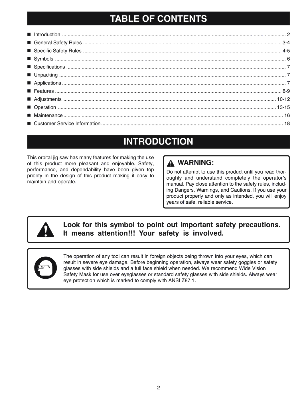 Ryobi OJ1802 manual Introduction, Table of Contents 