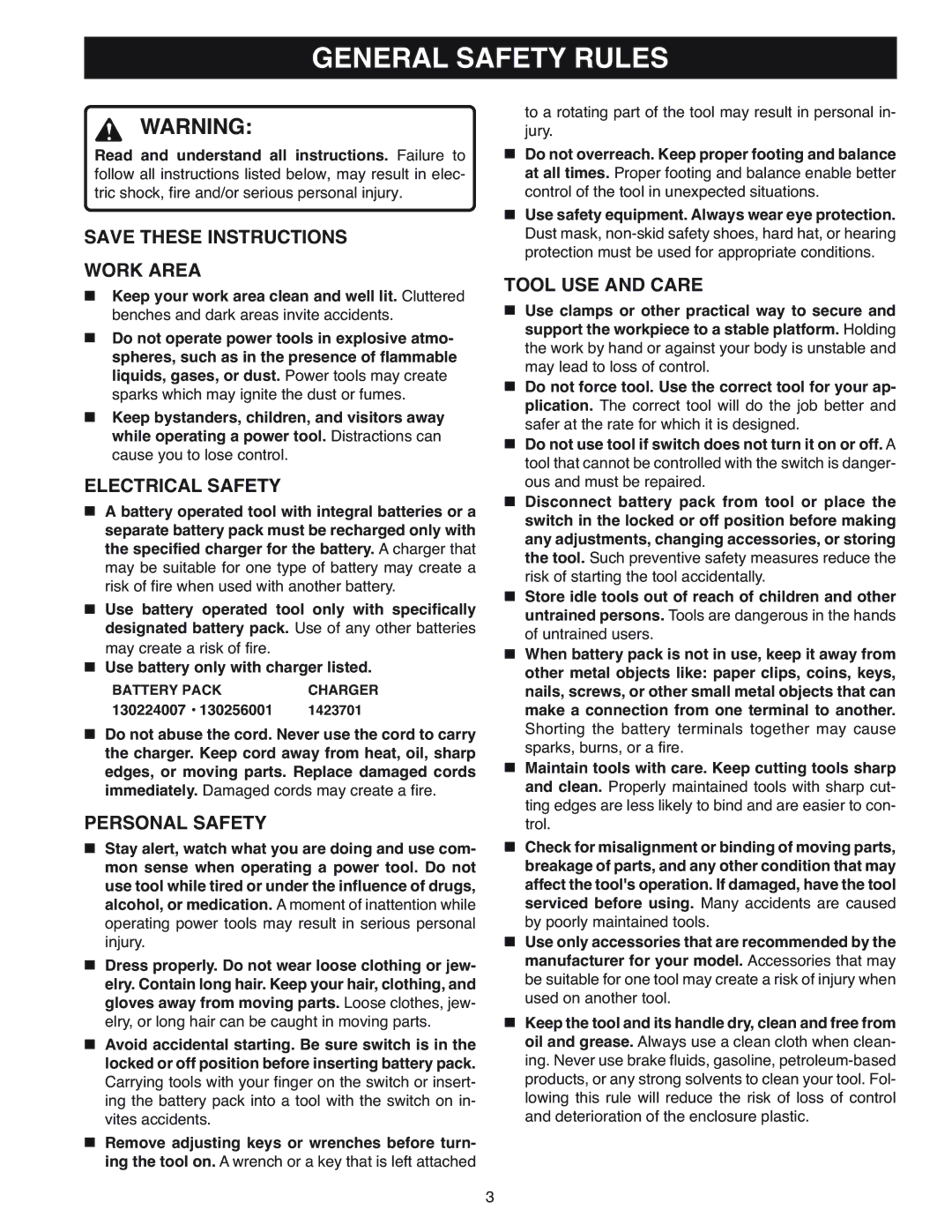 Ryobi OJ1802 manual General Safety Rules, Work Area, Electrical Safety, Personal Safety, Tool USE and Care 