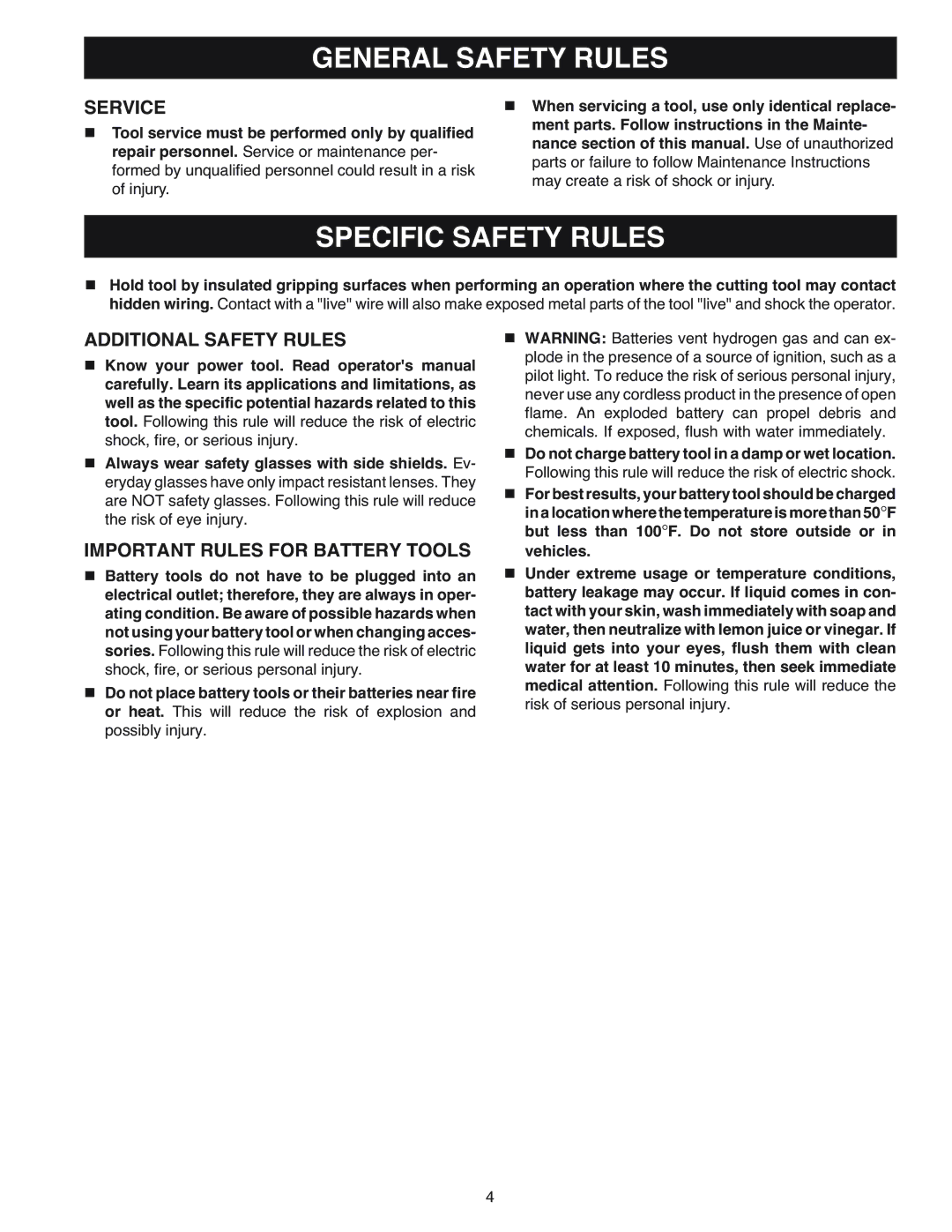 Ryobi OJ1802 manual Specific Safety Rules, Service, Additional Safety Rules, Important Rules for Battery Tools 