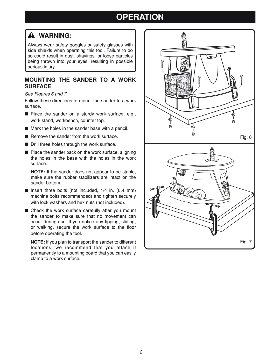 Ryobi OSS500 manual Operation, Mounting the Sander to a Work Surface 