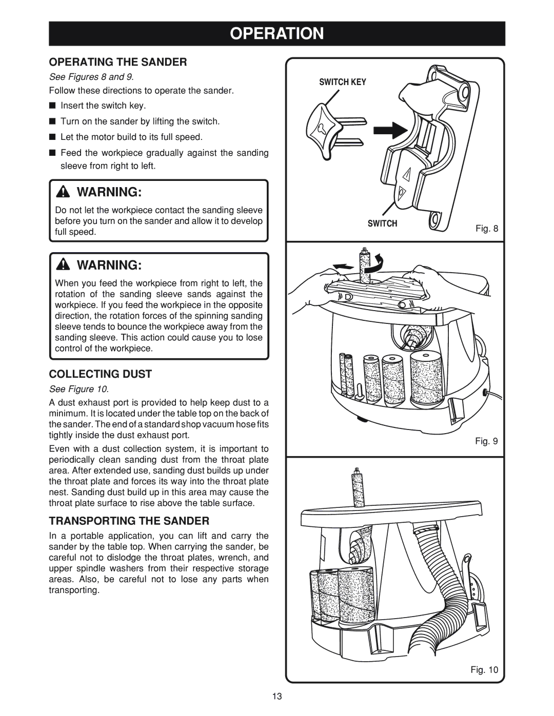 Ryobi OSS500 manual Operating the Sander, Collecting Dust, Transporting the Sander 