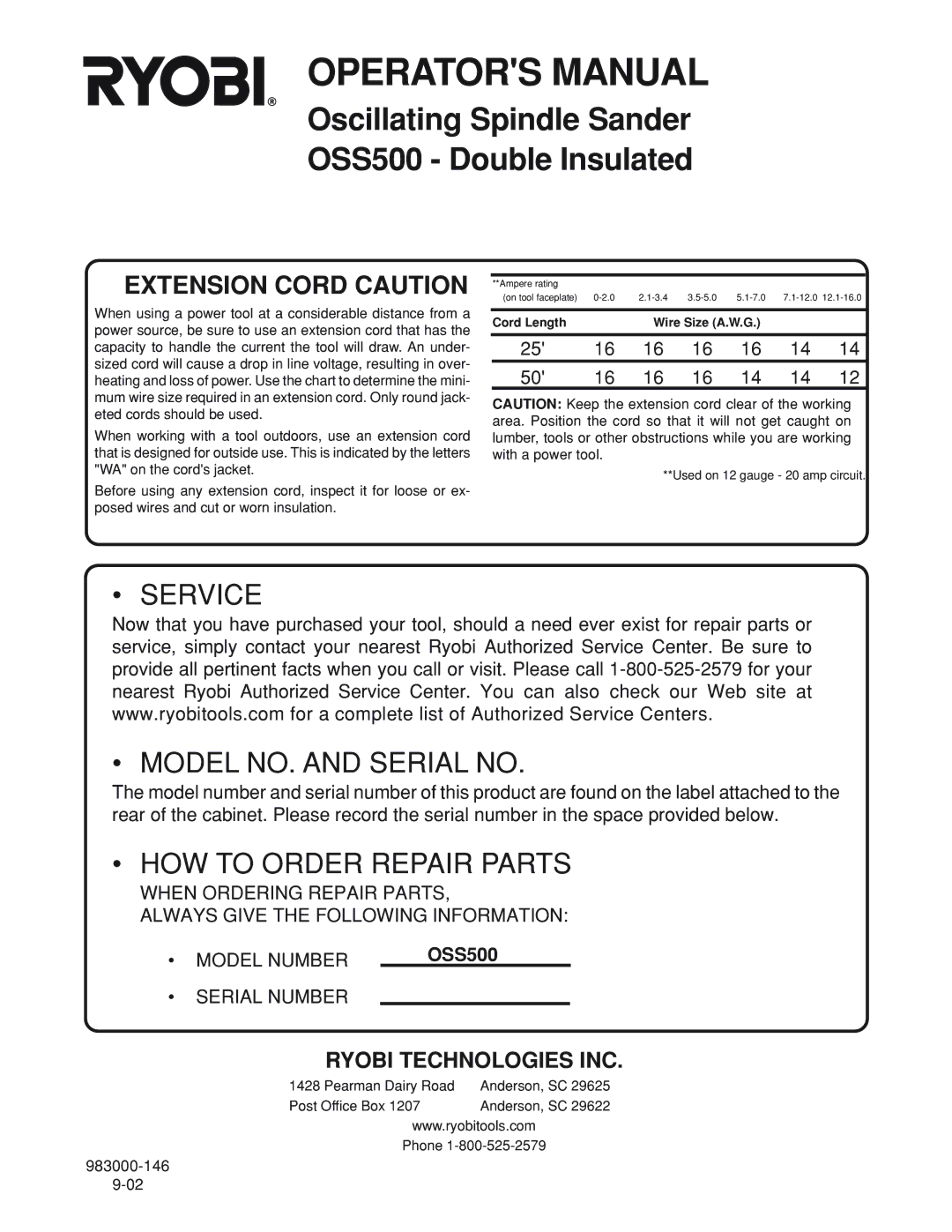 Ryobi manual Oscillating Spindle Sander OSS500 Double Insulated 