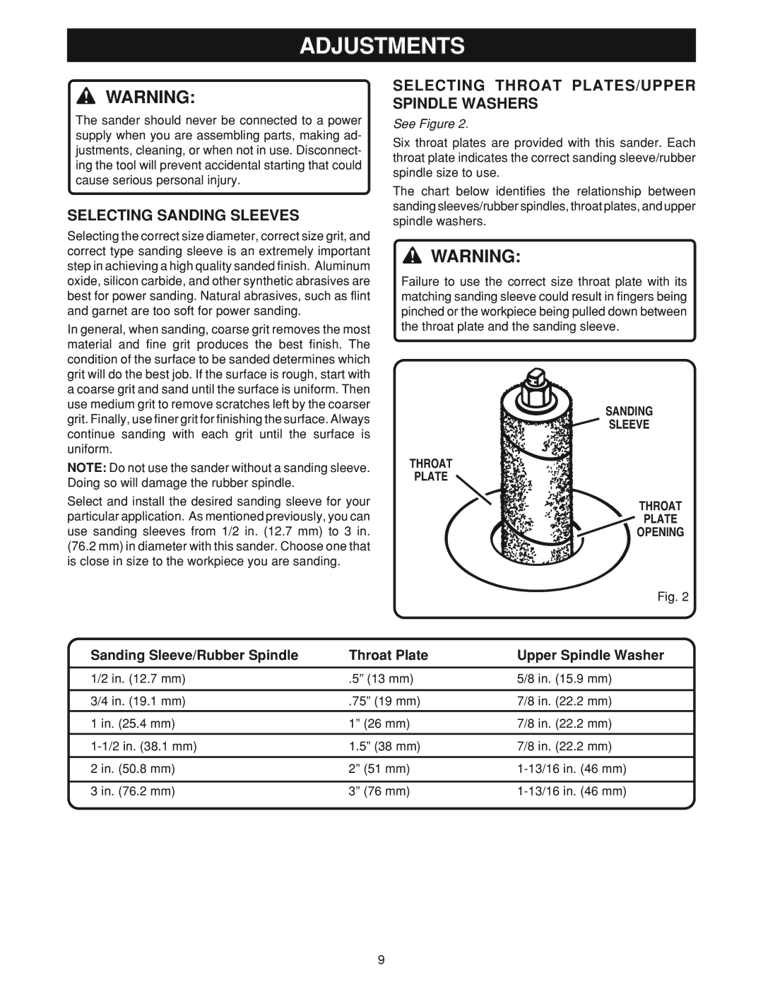 Ryobi OSS500 manual Adjustments, Selecting Sanding Sleeves, Selecting Throat PLATES/UPPER Spindle Washers 