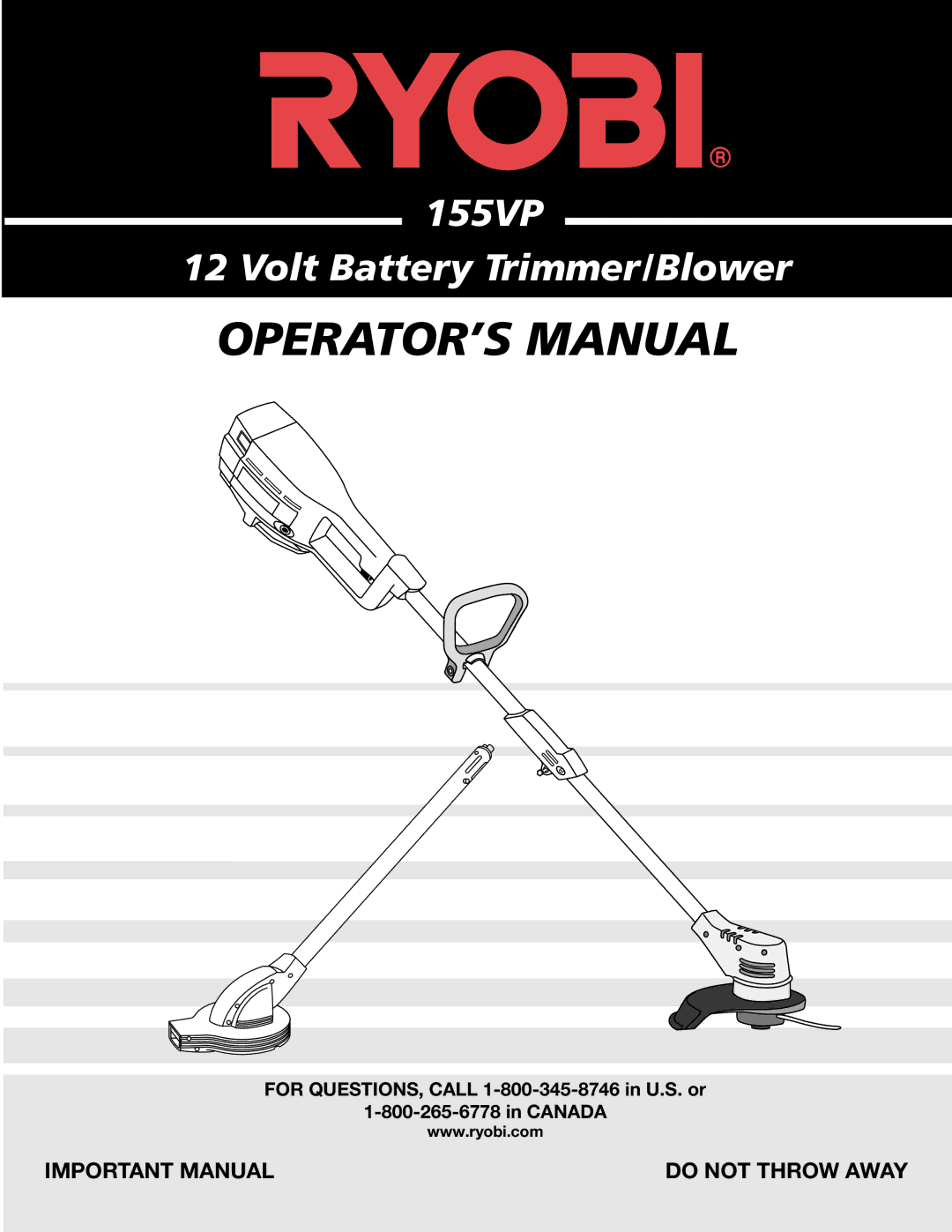 Ryobi Outdoor 155VP manual OPERATOR’S Manual 