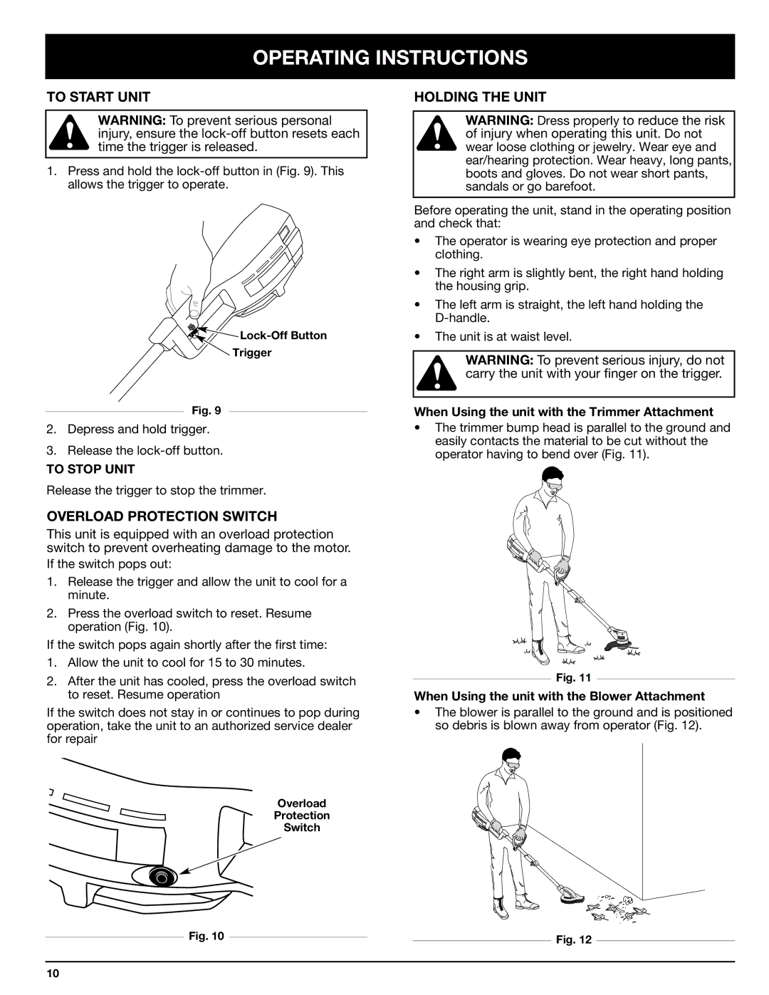 Ryobi Outdoor 155VP manual To Start Unit, Overload Protection Switch, Holding the Unit 