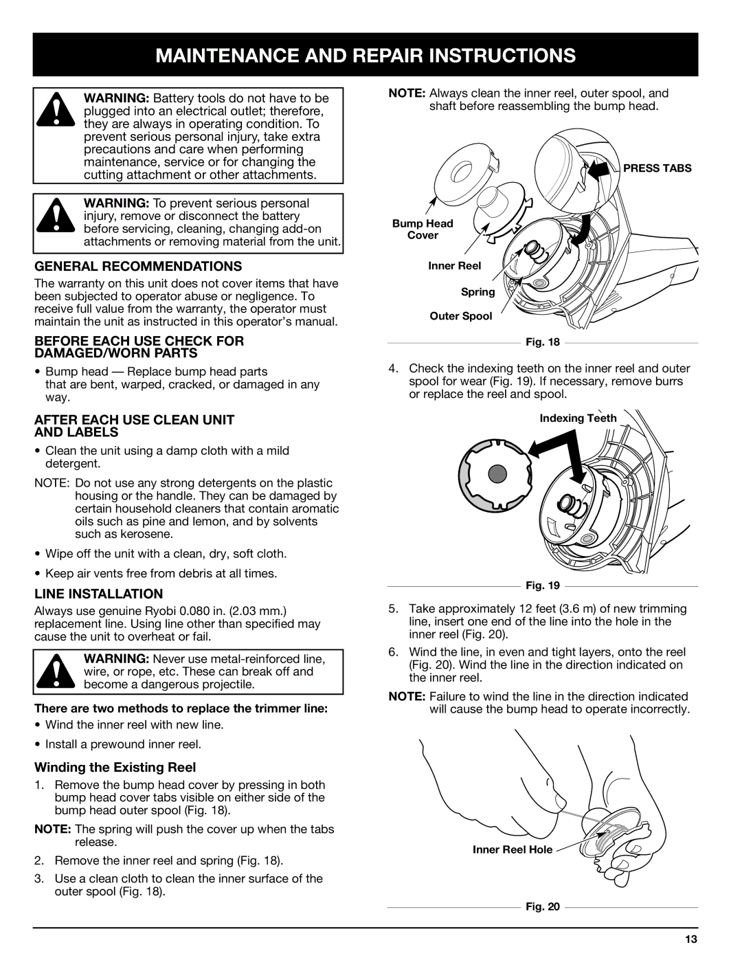 Ryobi Outdoor 155VP manual Maintenance and Repair Instructions, General Recommendations, After Each USE Clean Unit Labels 