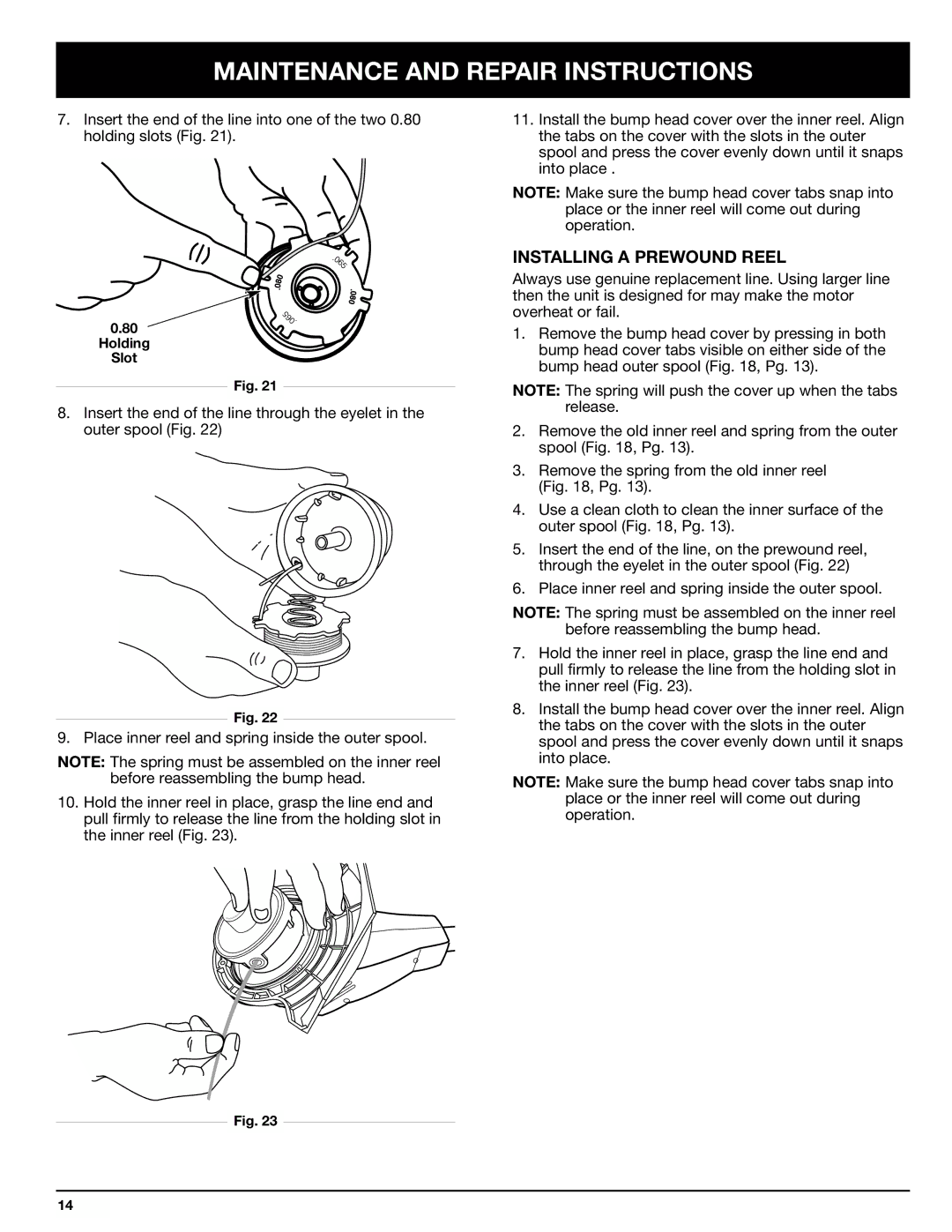 Ryobi Outdoor 155VP manual Installing a Prewound Reel 