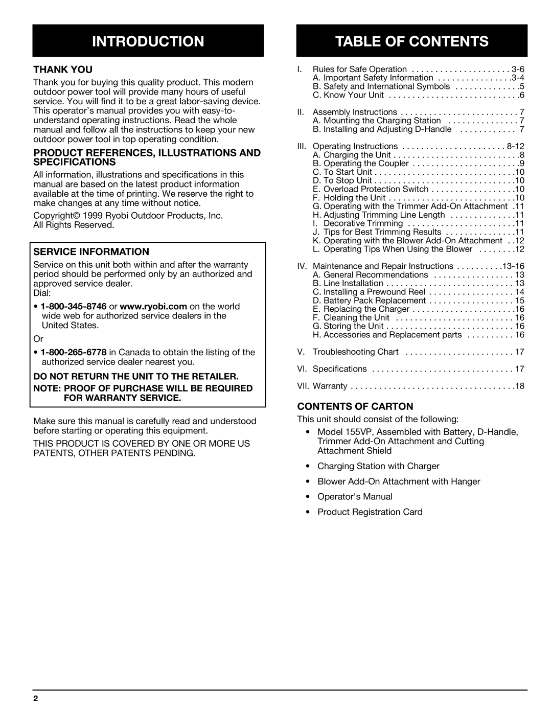 Ryobi Outdoor 155VP manual Introduction, Table of Contents 