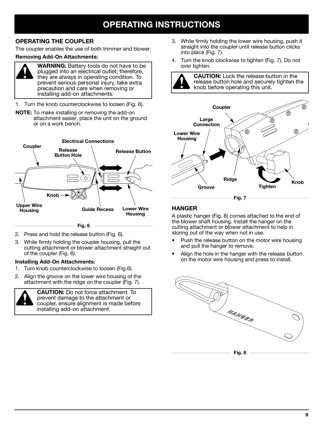 Ryobi Outdoor 155VP manual Operating the Coupler, Hanger, Removing Add-On Attachments, Installing Add-On Attachments 