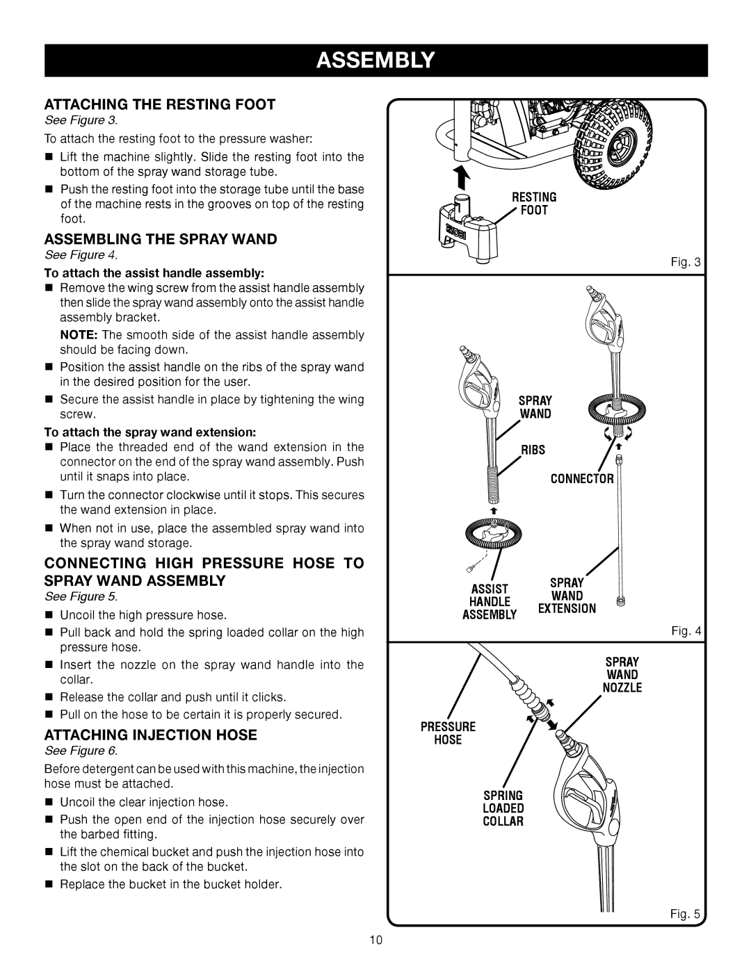 Ryobi Outdoor 3000 PSI, RY80030 manual Attaching the Resting Foot, Assembling the Spray Wand, Attaching Injection Hose 