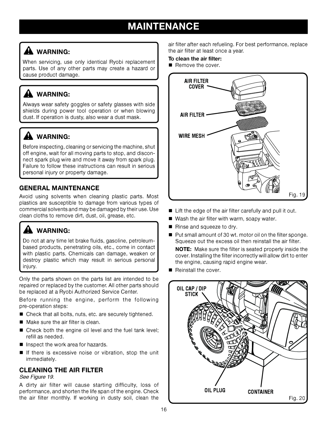 Ryobi Outdoor 3000 PSI, RY80030 manual General Maintenance, Cleaning the AIR Filter 