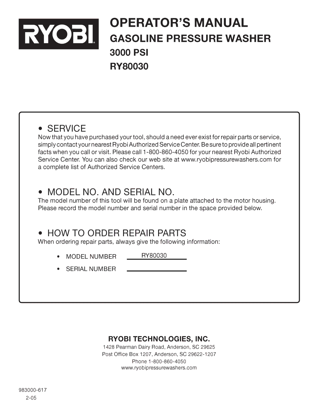 Ryobi Outdoor 3000 PSI, RY80030 manual Service Model NO. and Serial no 