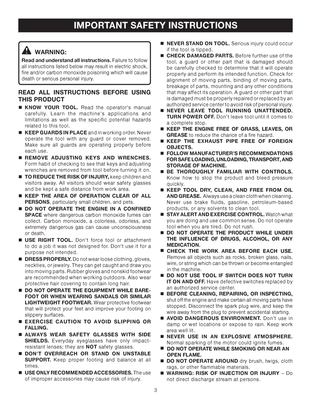 Ryobi Outdoor RY80030, 3000 PSI manual Important Safety Instructions, Read ALL Instructions Before Using this Product 