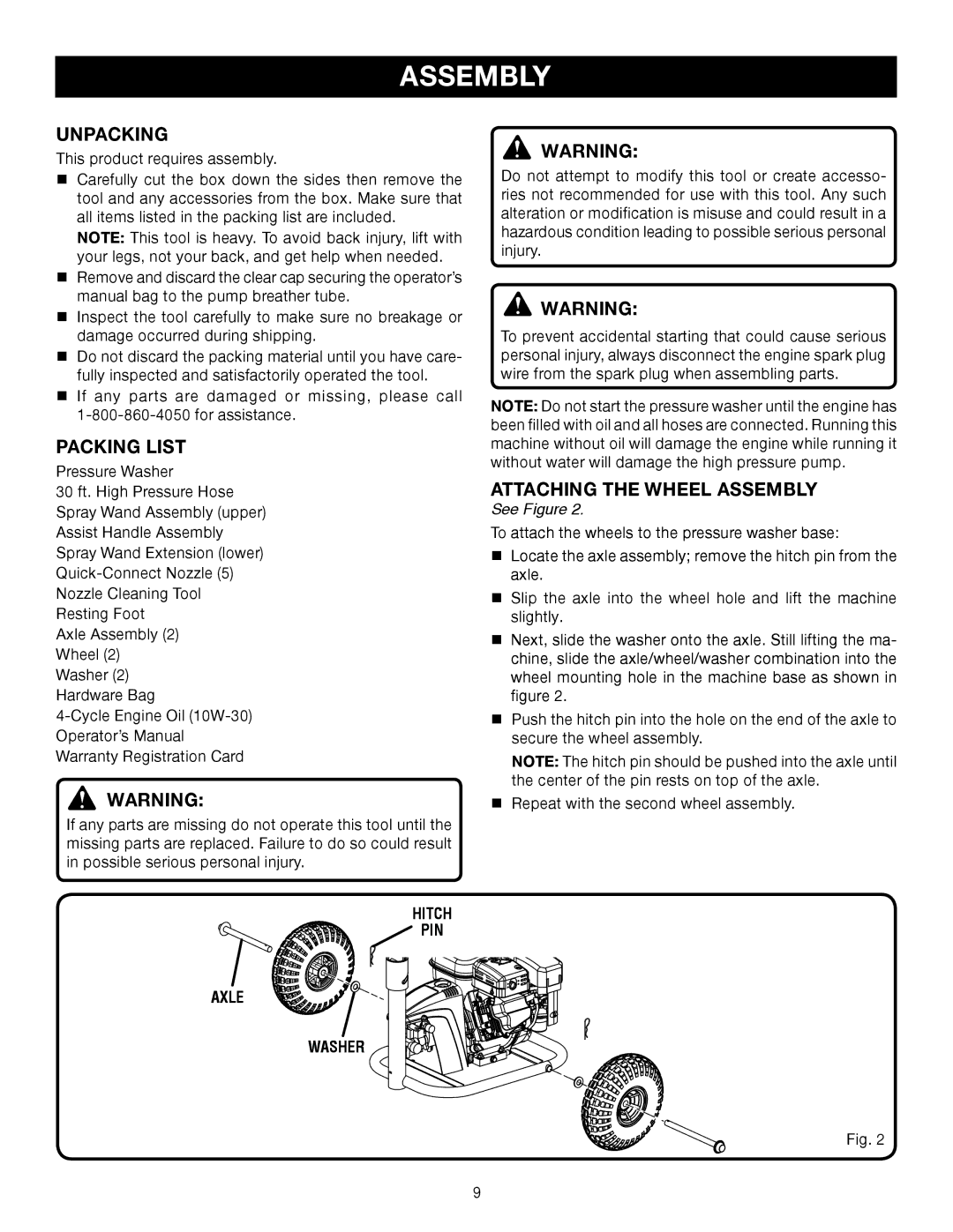 Ryobi Outdoor RY80030, 3000 PSI manual Unpacking, Packing List, Attaching the Wheel Assembly, Hitch PIN Axle Washer 