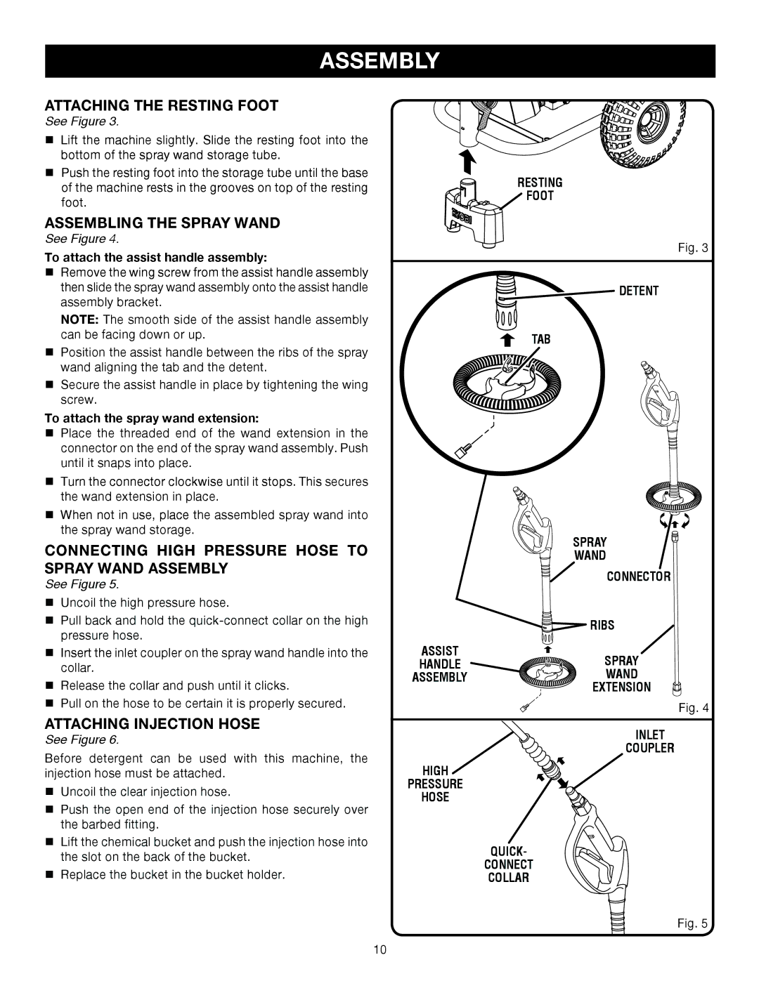 Ryobi Outdoor 3000 PSI, RY80030A manual Attaching the resting foot, Assembling the spray wand, Attaching Injection hose 