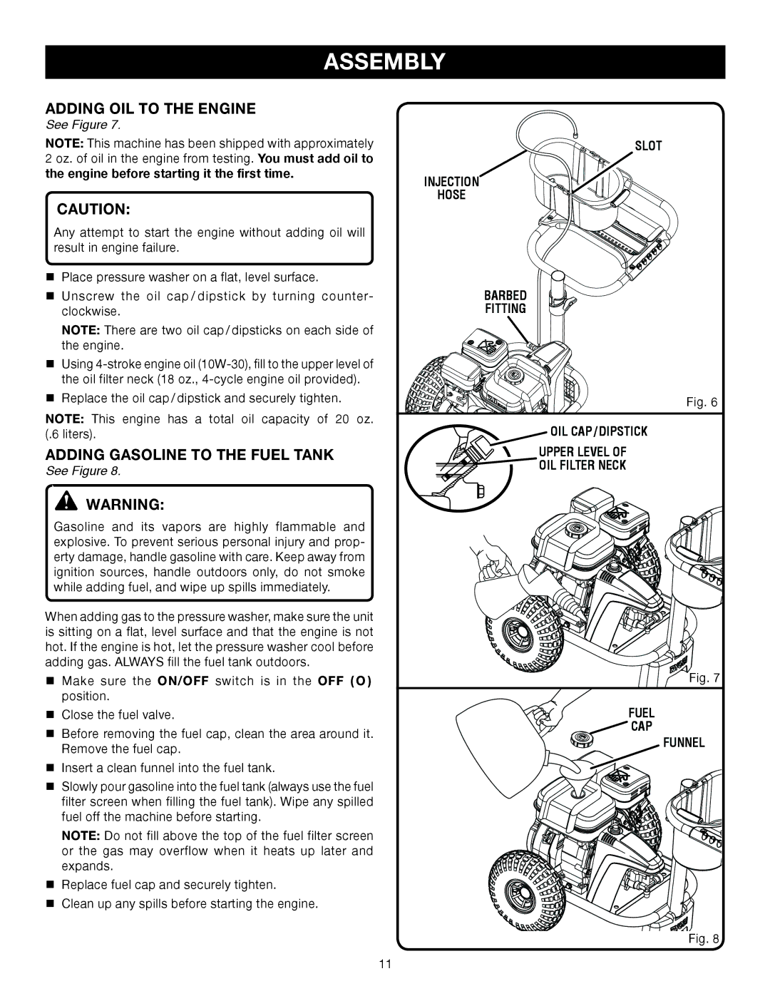 Ryobi Outdoor 3000 PSI, RY80030A manual Adding oil to the engine, Adding gasoline to the Fuel tank, Fuel CAP Funnel 