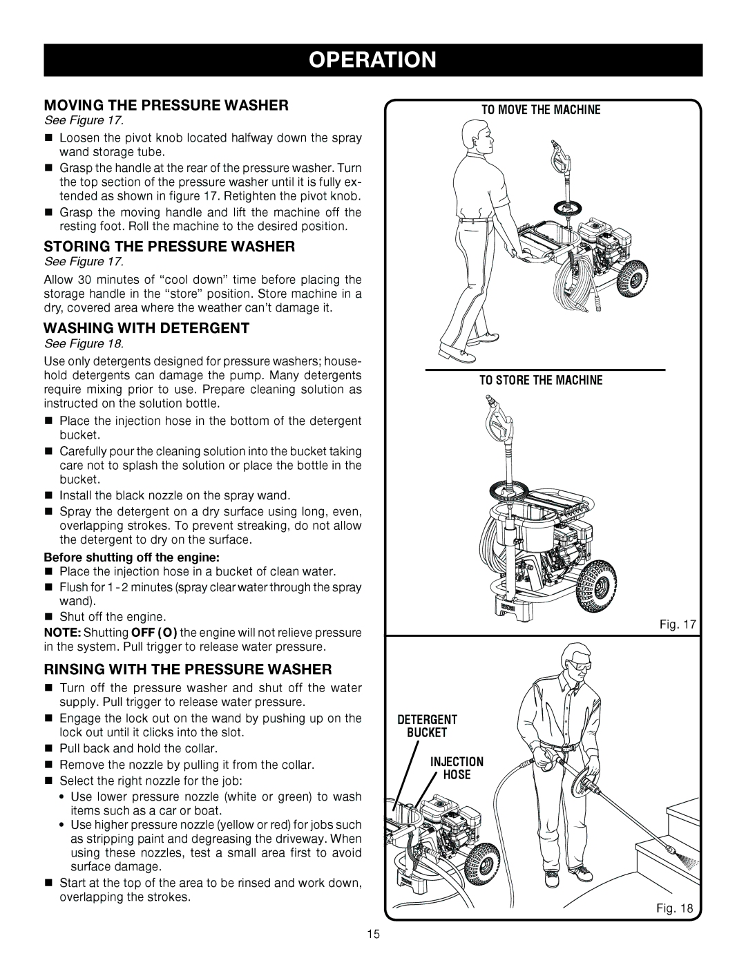 Ryobi Outdoor 3000 PSI, RY80030A manual Moving the pressure washer, Storing the pressure washer, Washing with detergent 