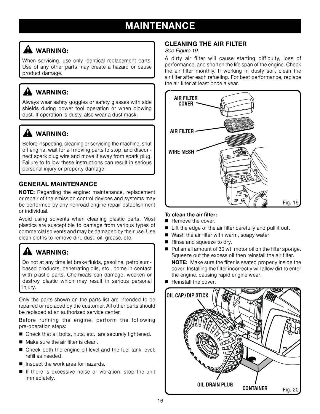 Ryobi Outdoor 3000 PSI, RY80030A manual General Maintenance, Cleaning the air filter, AIR Filter Cover, Wire Mesh 