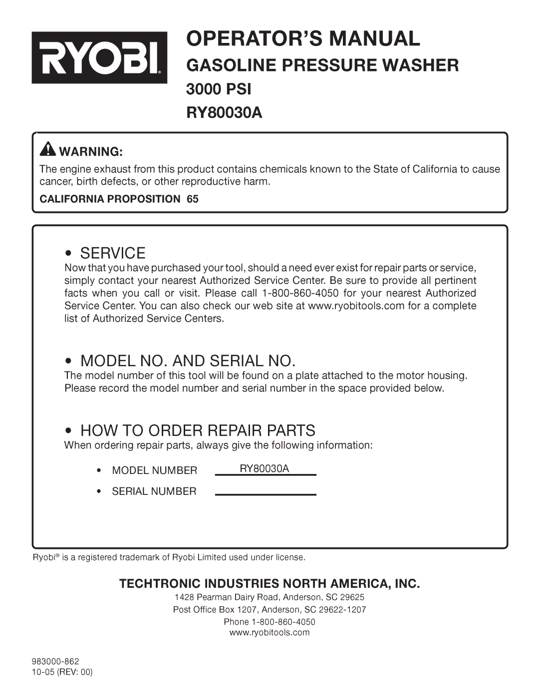 Ryobi Outdoor 3000 PSI, RY80030A manual Service Model NO. and Serial no, California Proposition 