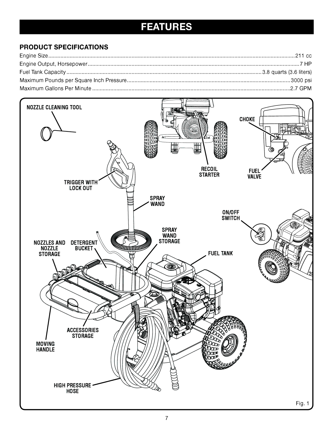 Ryobi Outdoor 3000 PSI, RY80030A manual Product Specifications, Recoil, Wand ON/OFF Switch, Bucket, High Pressure Hose 