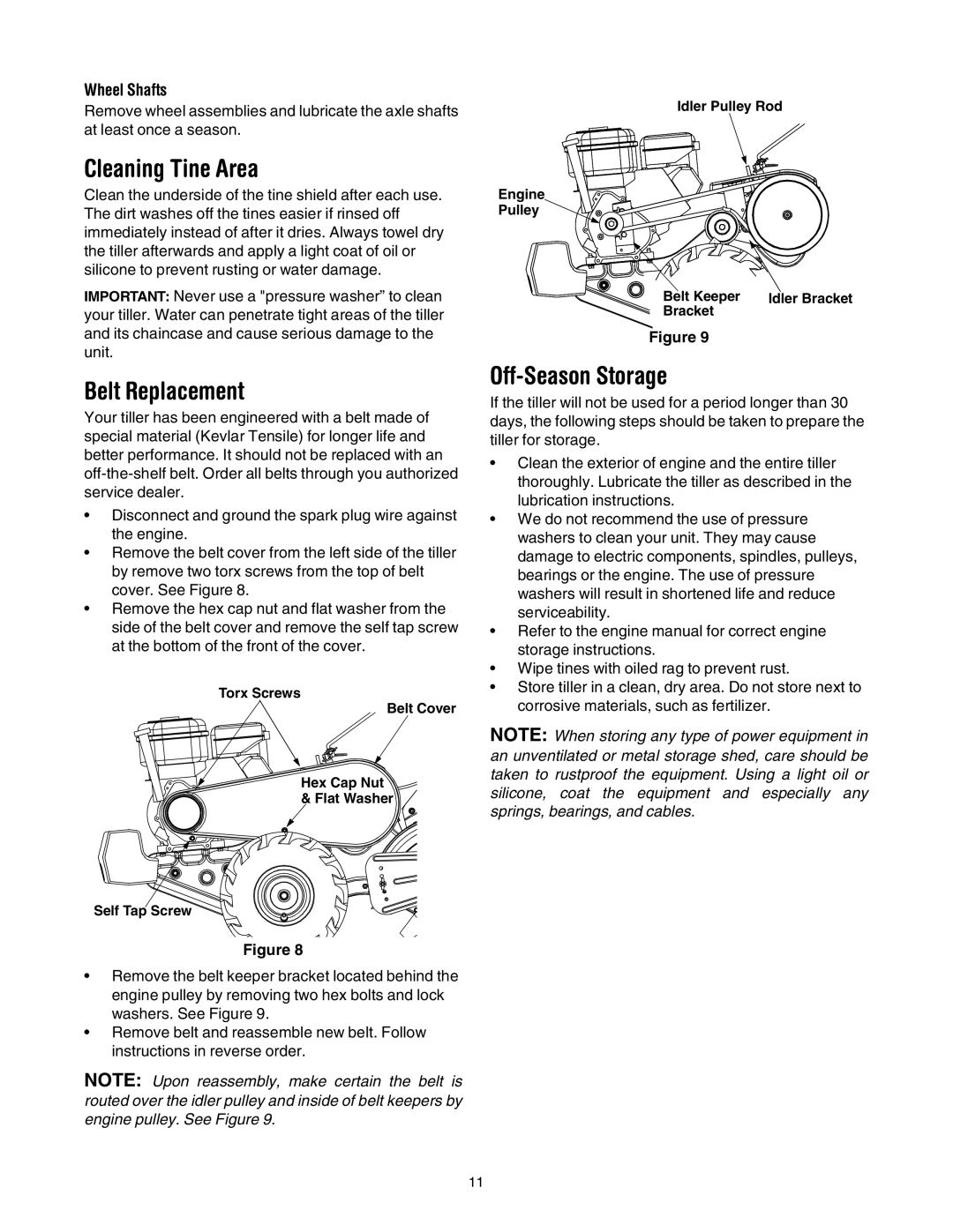 Ryobi Outdoor 454 manual Cleaning Tine Area, Belt Replacement, Off-Season Storage 