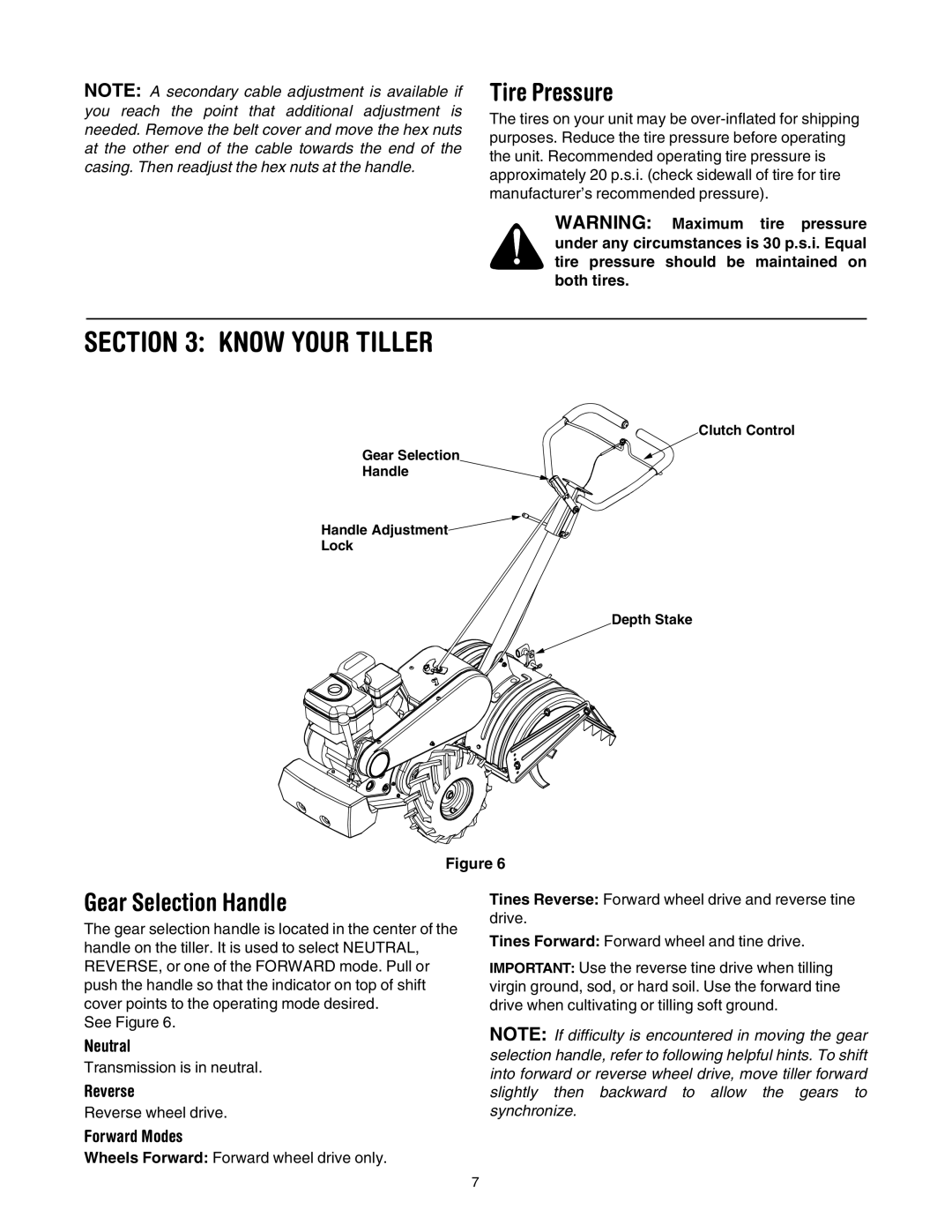 Ryobi Outdoor 454 manual Know Your Tiller, Tire Pressure, Gear Selection Handle 