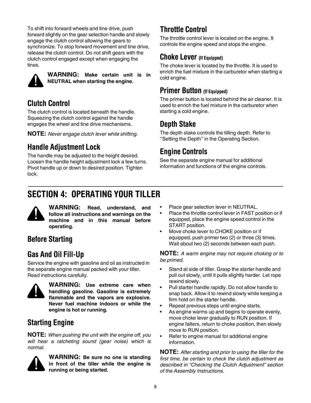 Ryobi Outdoor 454 manual Operating Your Tiller 